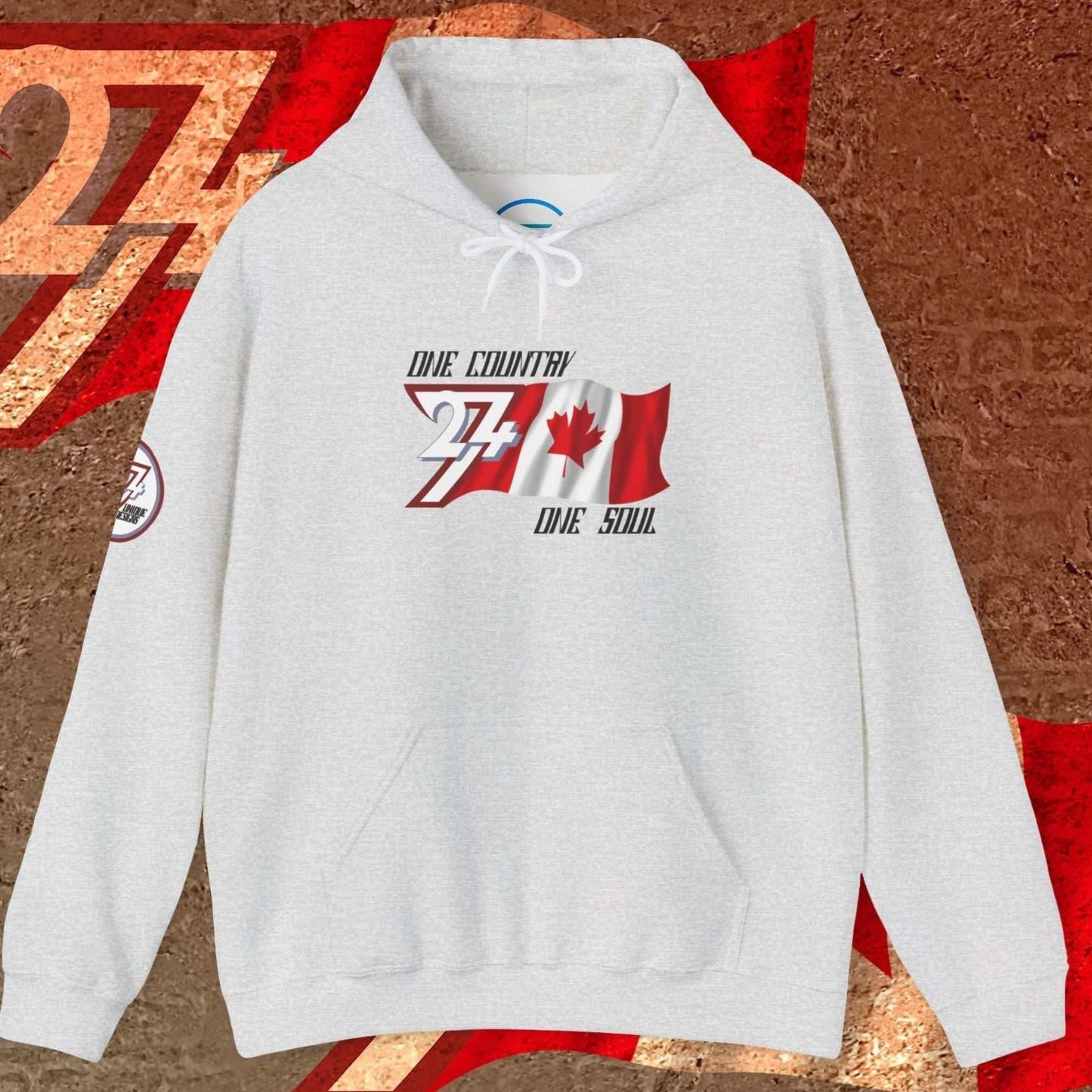 Light Heather Gray Canada hoodie showing the 60/40 blend and artist-original flag art.