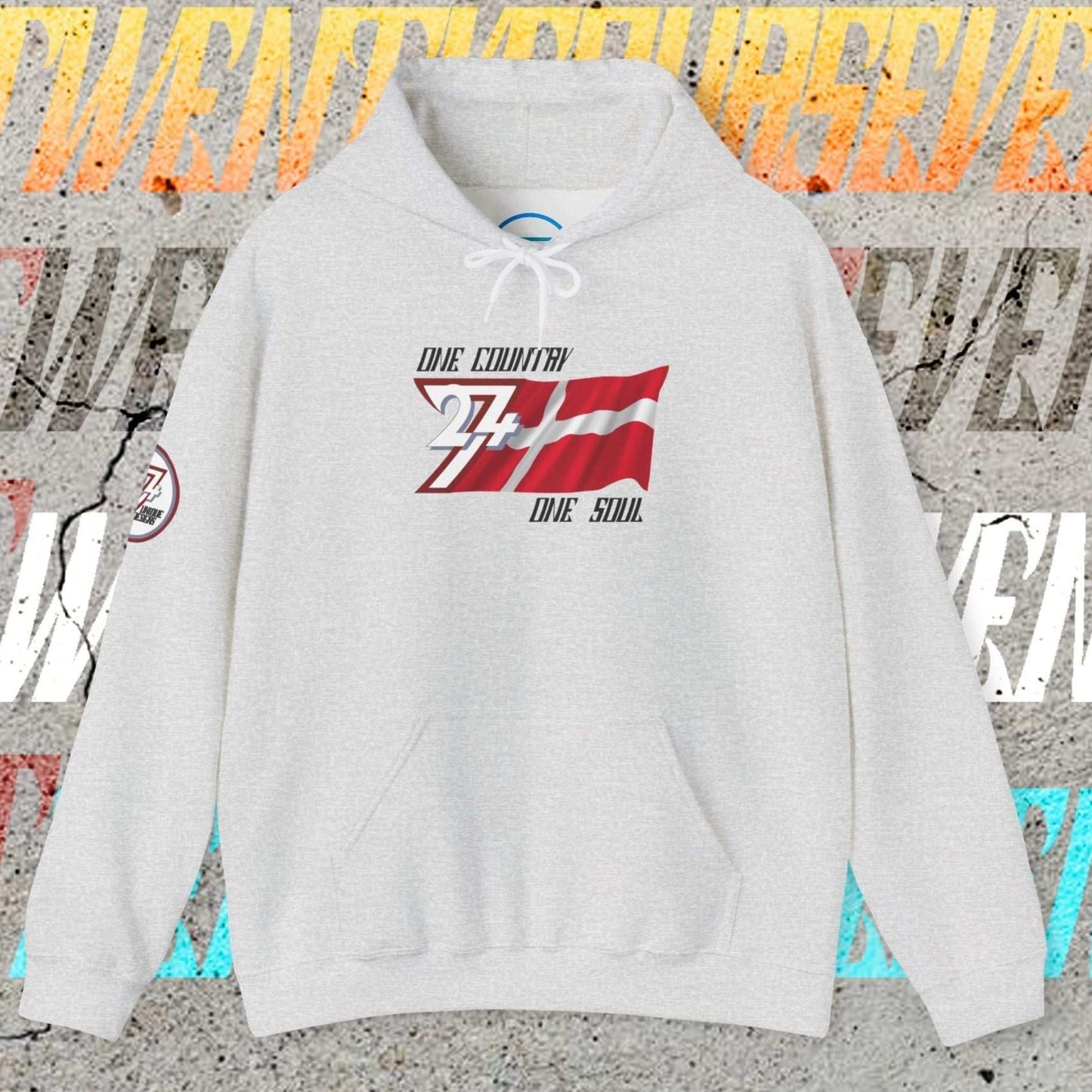 Light Heather Gray Denmark hoodie showing the 60/40 blend and artist-original flag art.