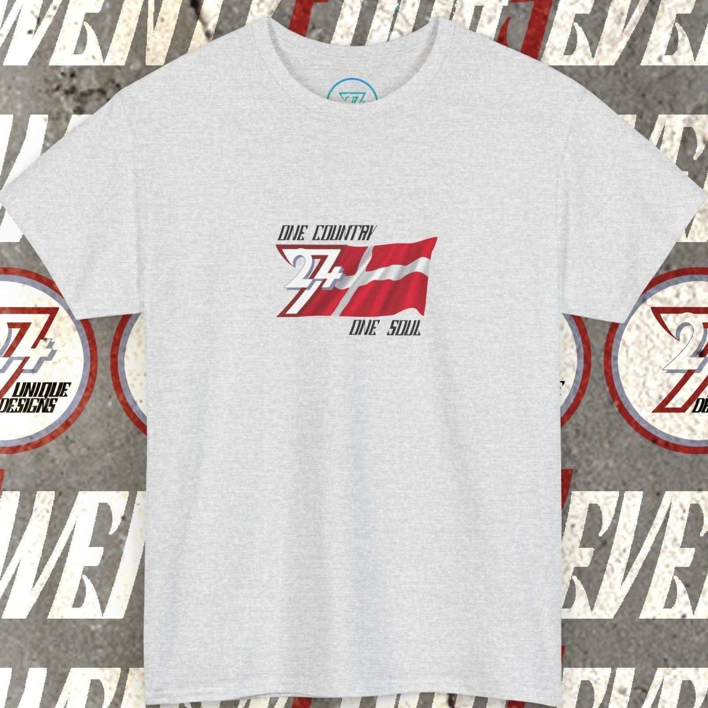 Main product shot of the Light Heather Gray Denmark "Unity" edition tee with clean flag graphics.