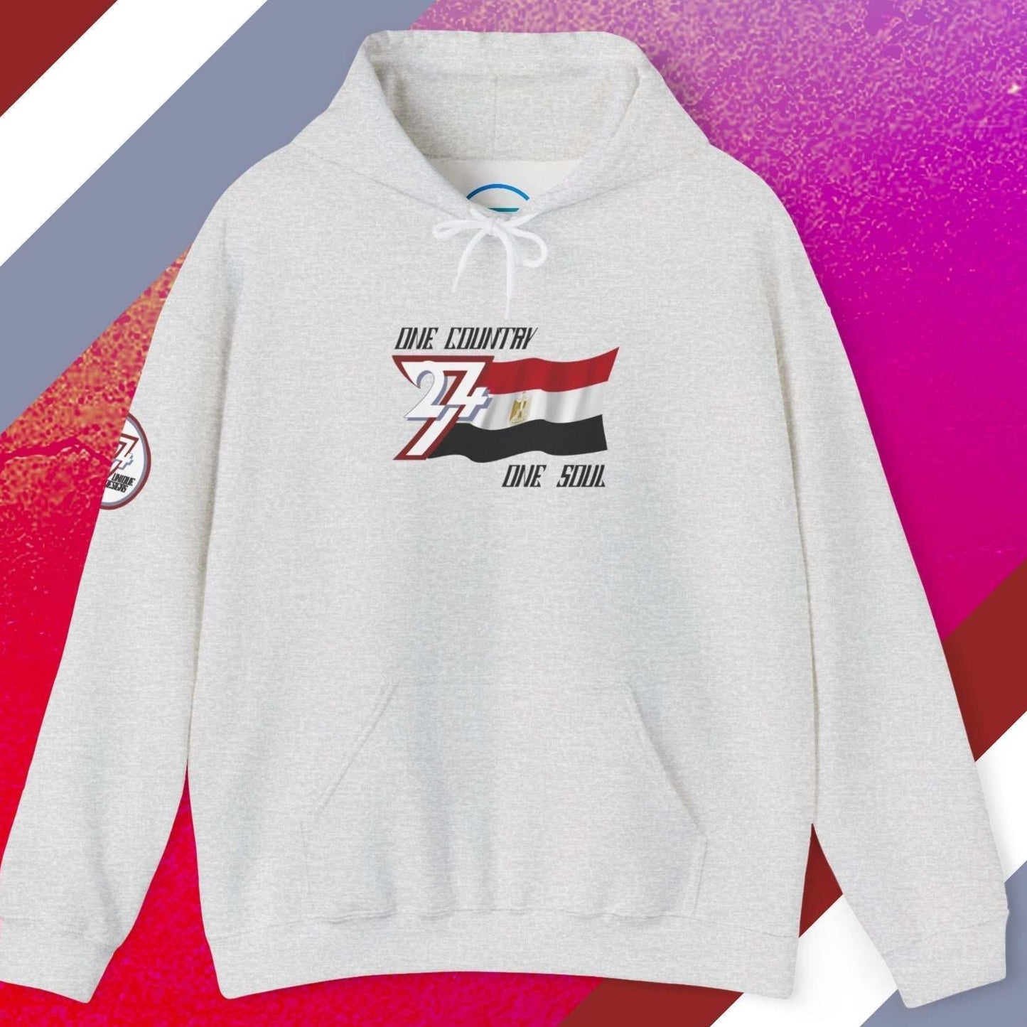 Front perspective of the Light Heather Gray Egypt flag hoodie with a refined hand-drawn finish.