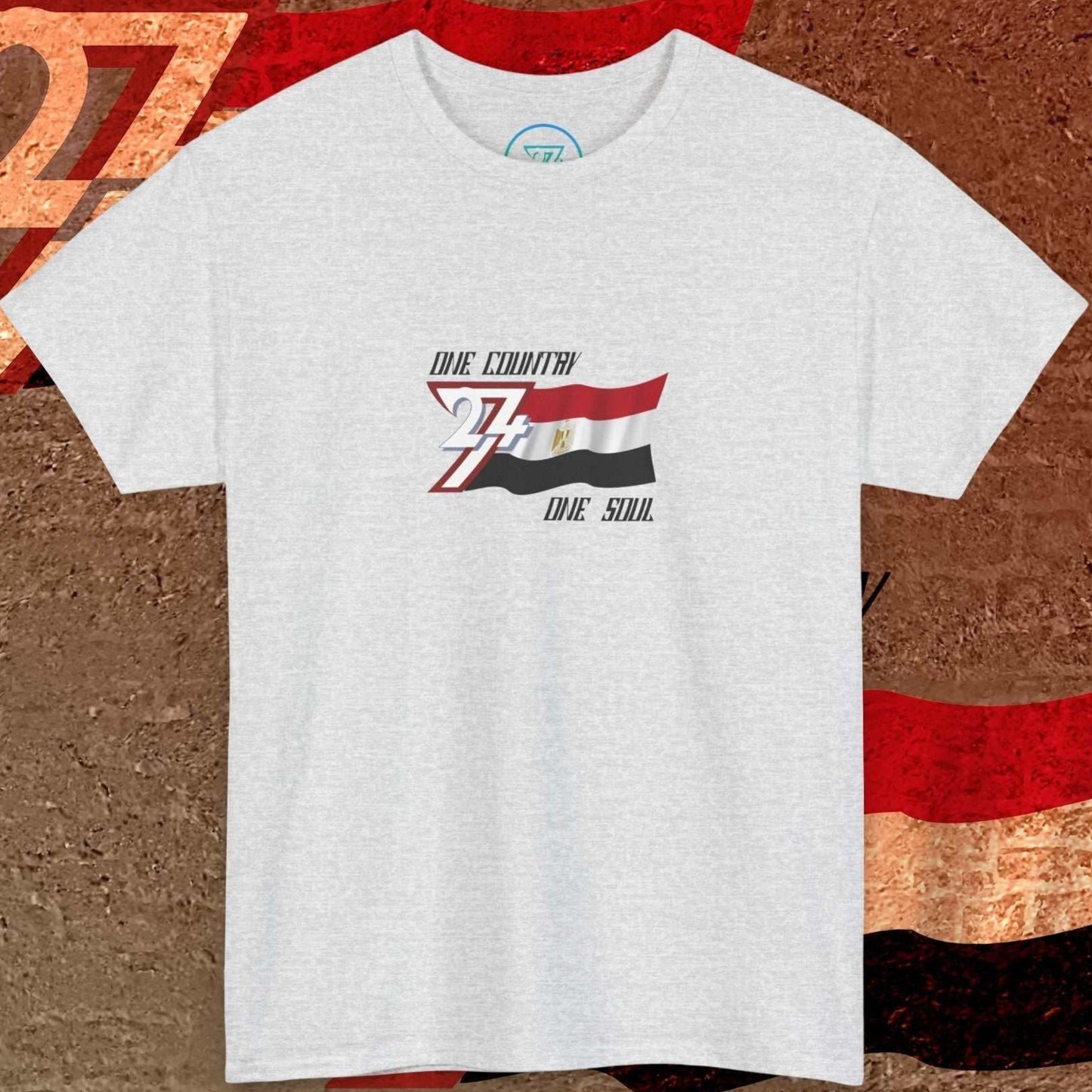 Main product shot of the Light Heather Gray Egypt "Eternal" edition tee with clean flag graphics.