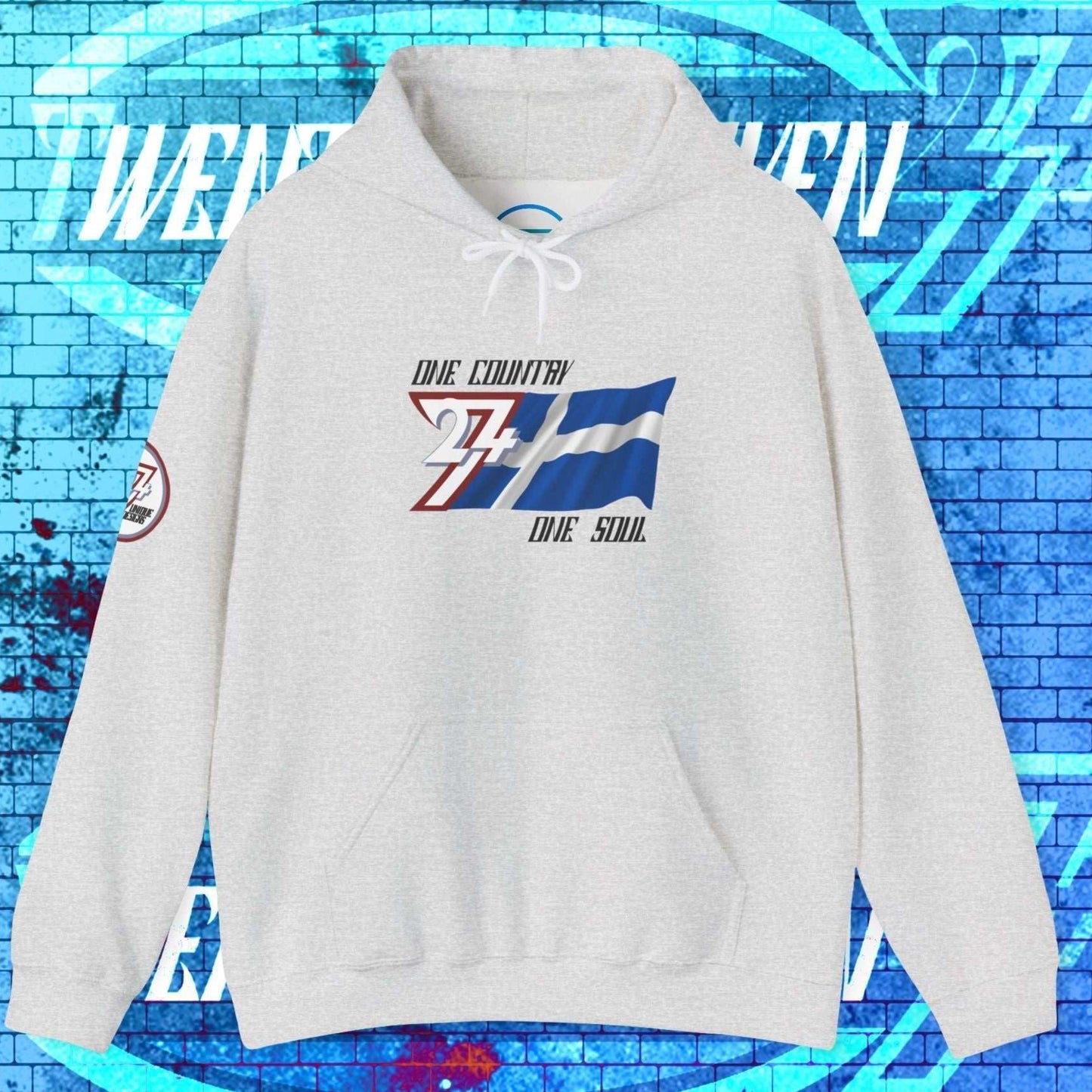 Frontal view of the Light Heather Gray Finland hoodie, emphasizing the soft 60/40 blend and artist-original art.