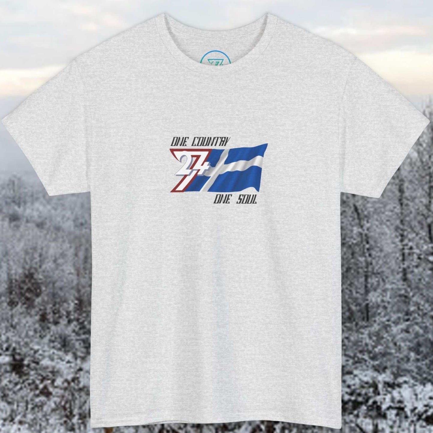 Main product shot of the Light Heather Gray Finland "Sisu" edition tee with clean flag graphics.