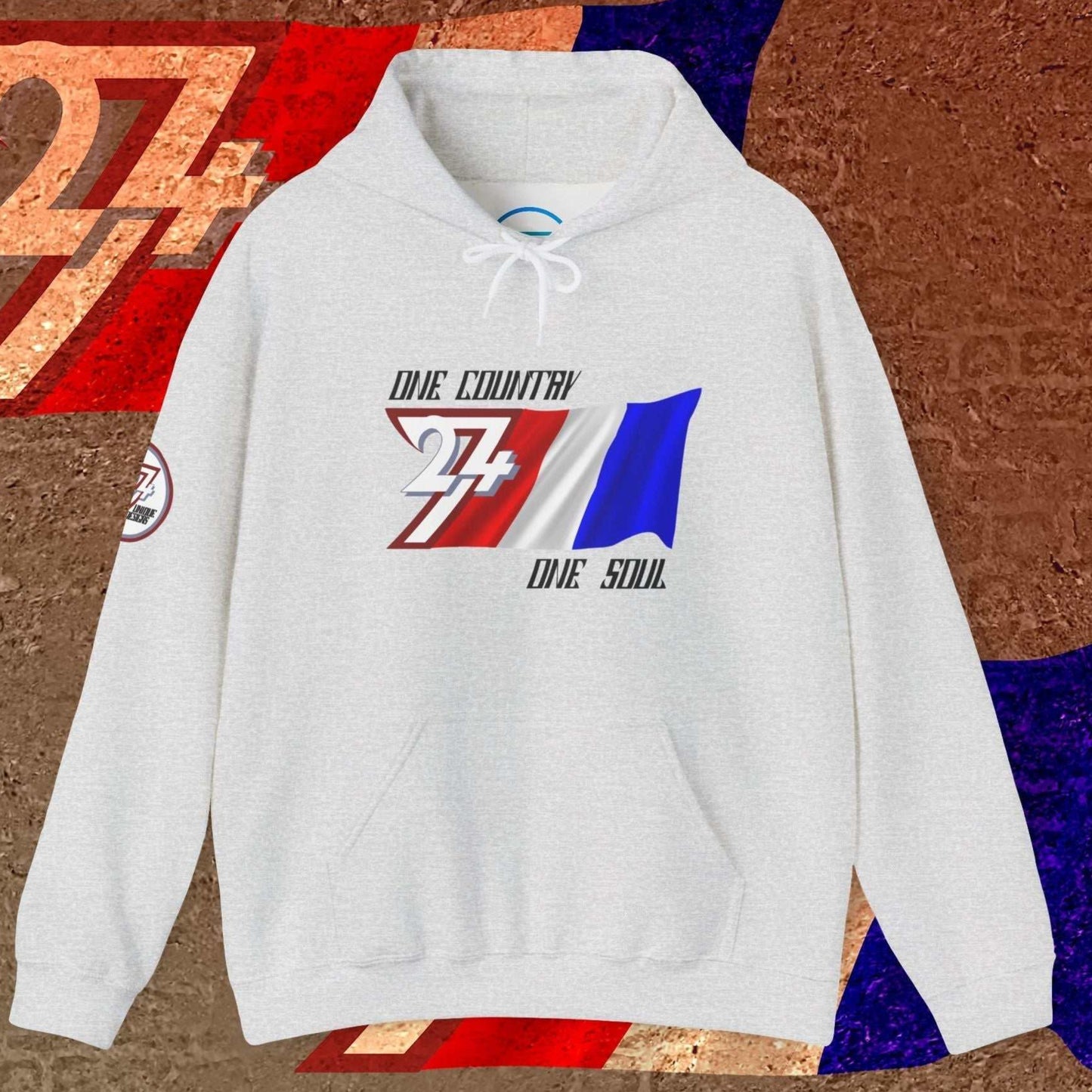 Front view of the Light Heather Gray France hoodie, highlighting the 60/40 performance blend and artist-original art.