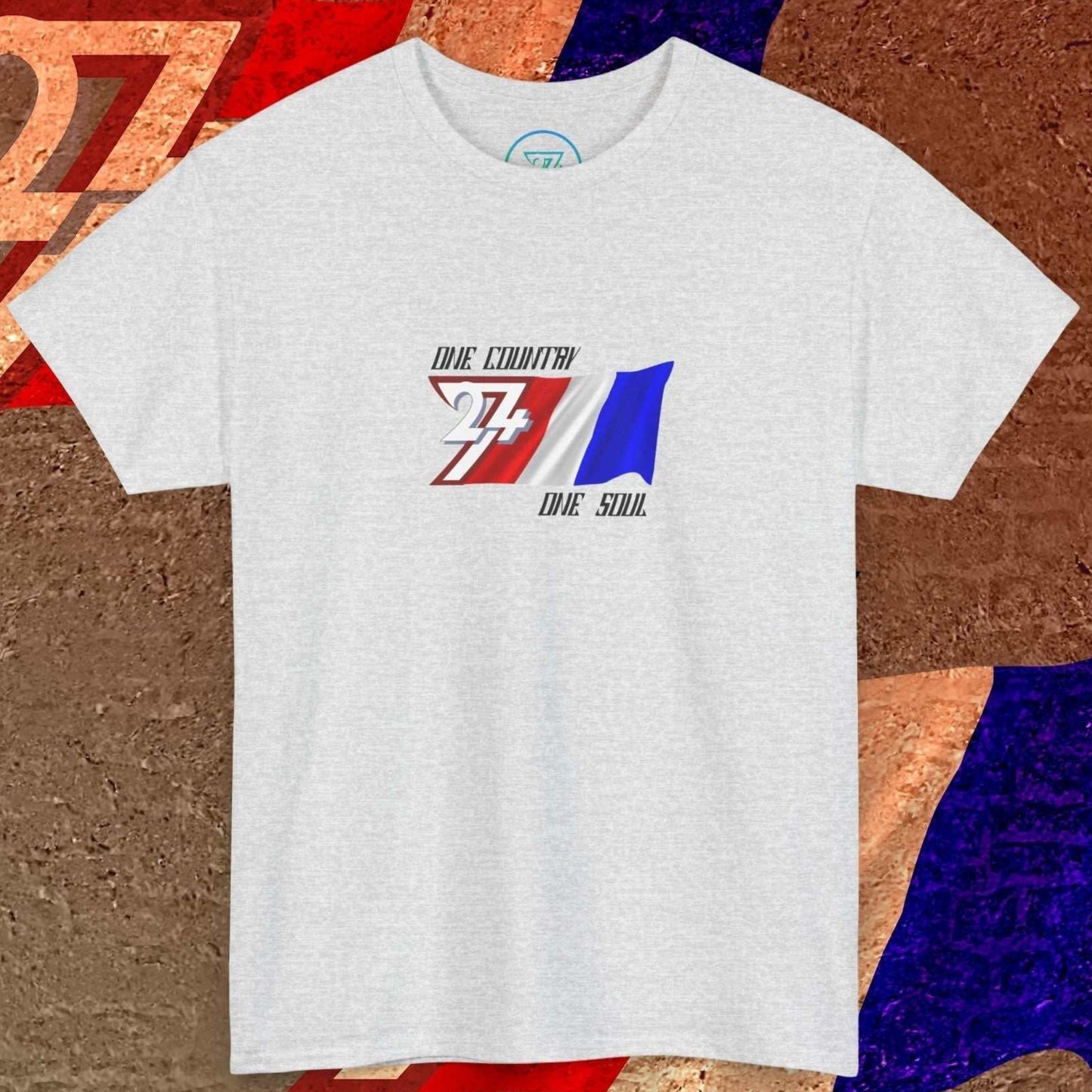 Main product shot of the Light Heather Gray France "Atelier" edition tee with clean flag graphics and "One Country One Soul" motto.