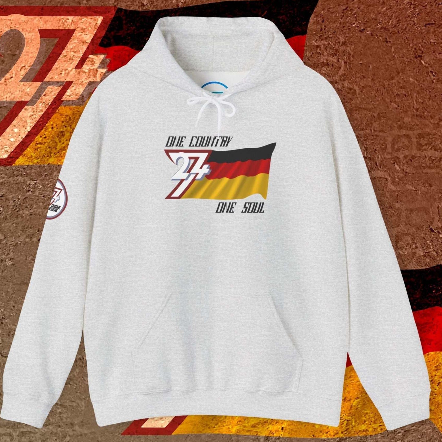 Frontal view of the Light Heather Gray Germany flag hoodie, emphasizing the soft 60/40 blend and artist-original art.