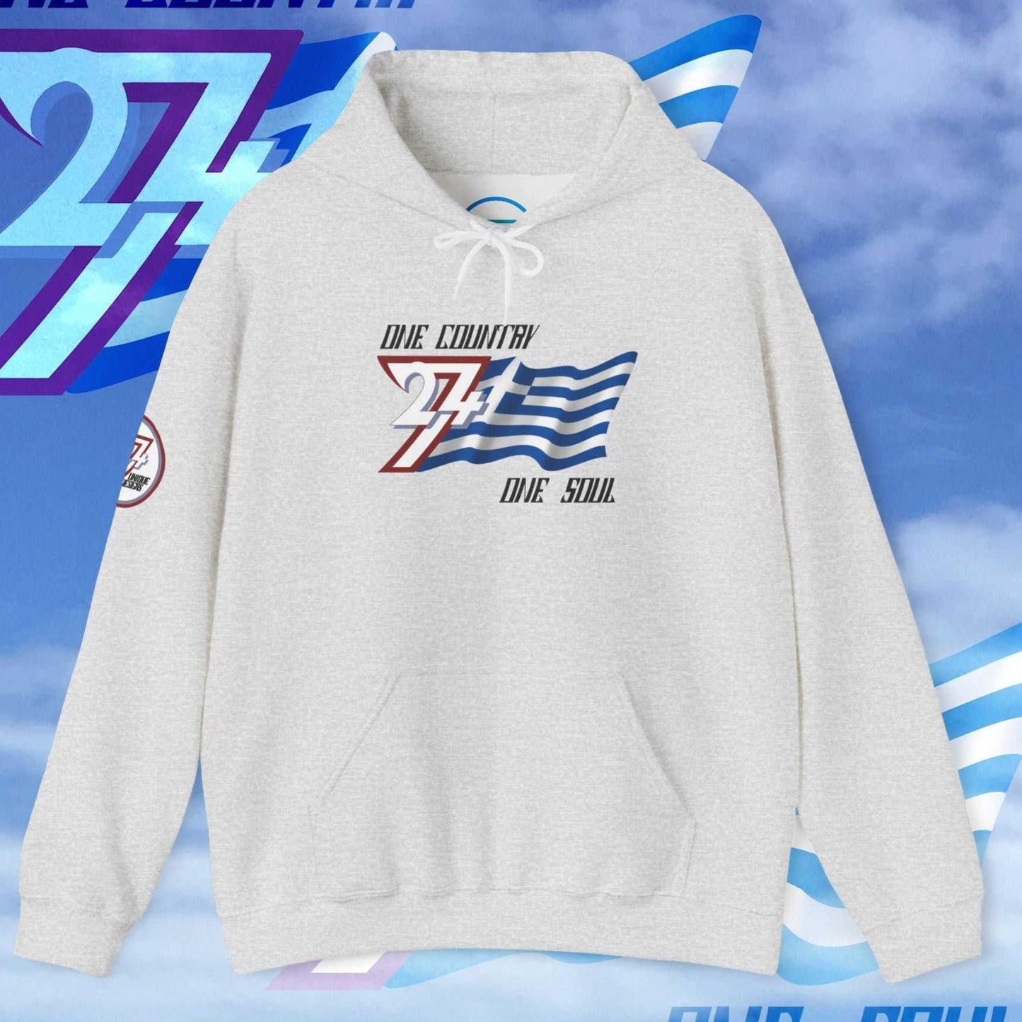Frontal shot of the 60/40 blend Light Heather Gray Greece hoodie with a soft-touch finish and refined art.