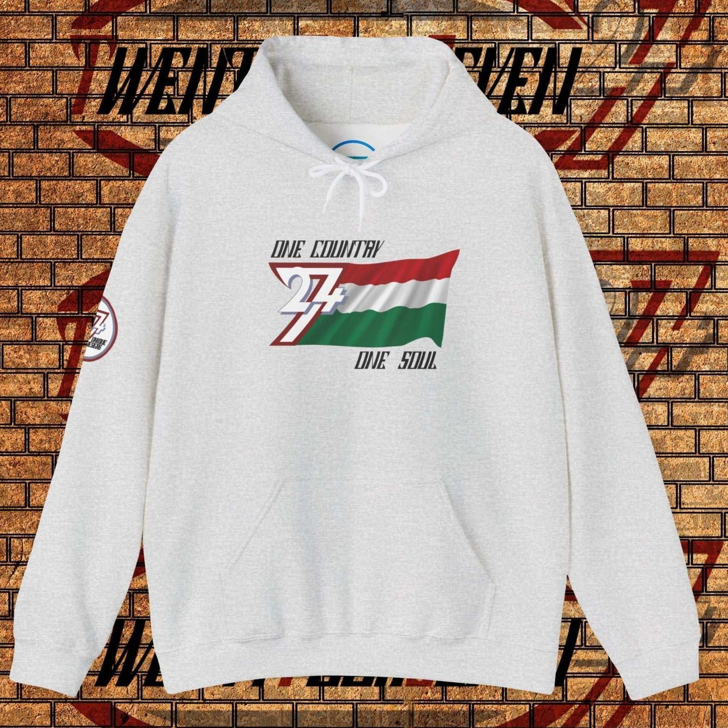 Front perspective of the 60/40 blend Light Heather Gray Magyarország flag hoodie with a refined finish.
