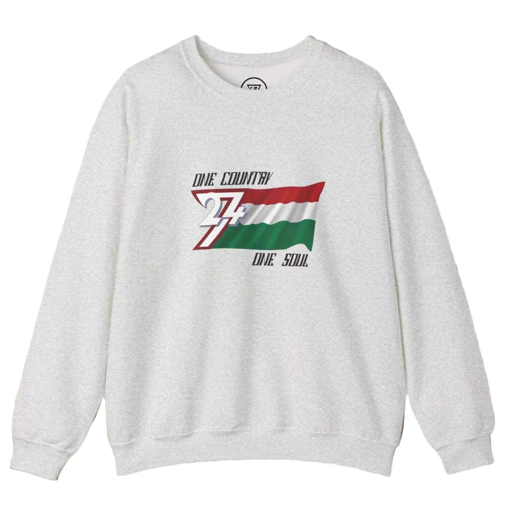 Unisex sweatshirt featuring Hungary flag design with "One Country One Soul" text, made from cotton-polyester blend for cooler weather.