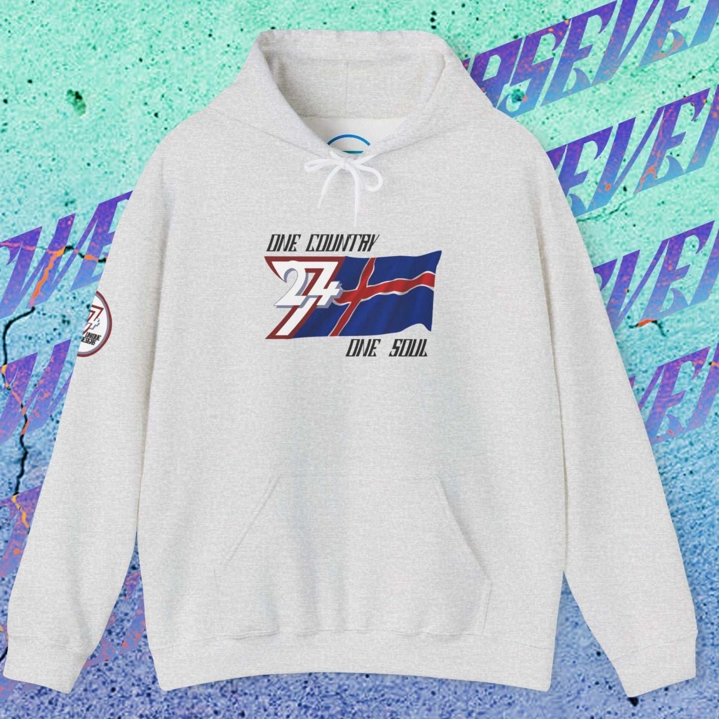 Front perspective of the 60/40 blend Light Heather Gray Ísland flag hoodie with a refined finish.
