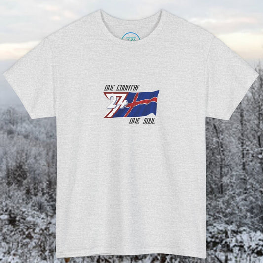 Main product shot of the Light Heather Gray Iceland "Frost" edition tee with clean flag graphics.