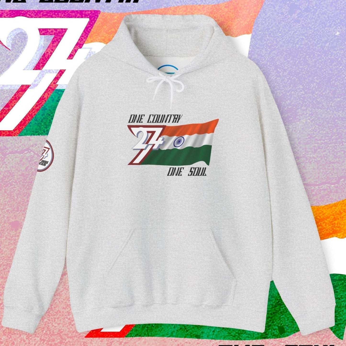Front perspective of the 60/40 blend Light Heather Gray Bharat flag hoodie with a refined finish.