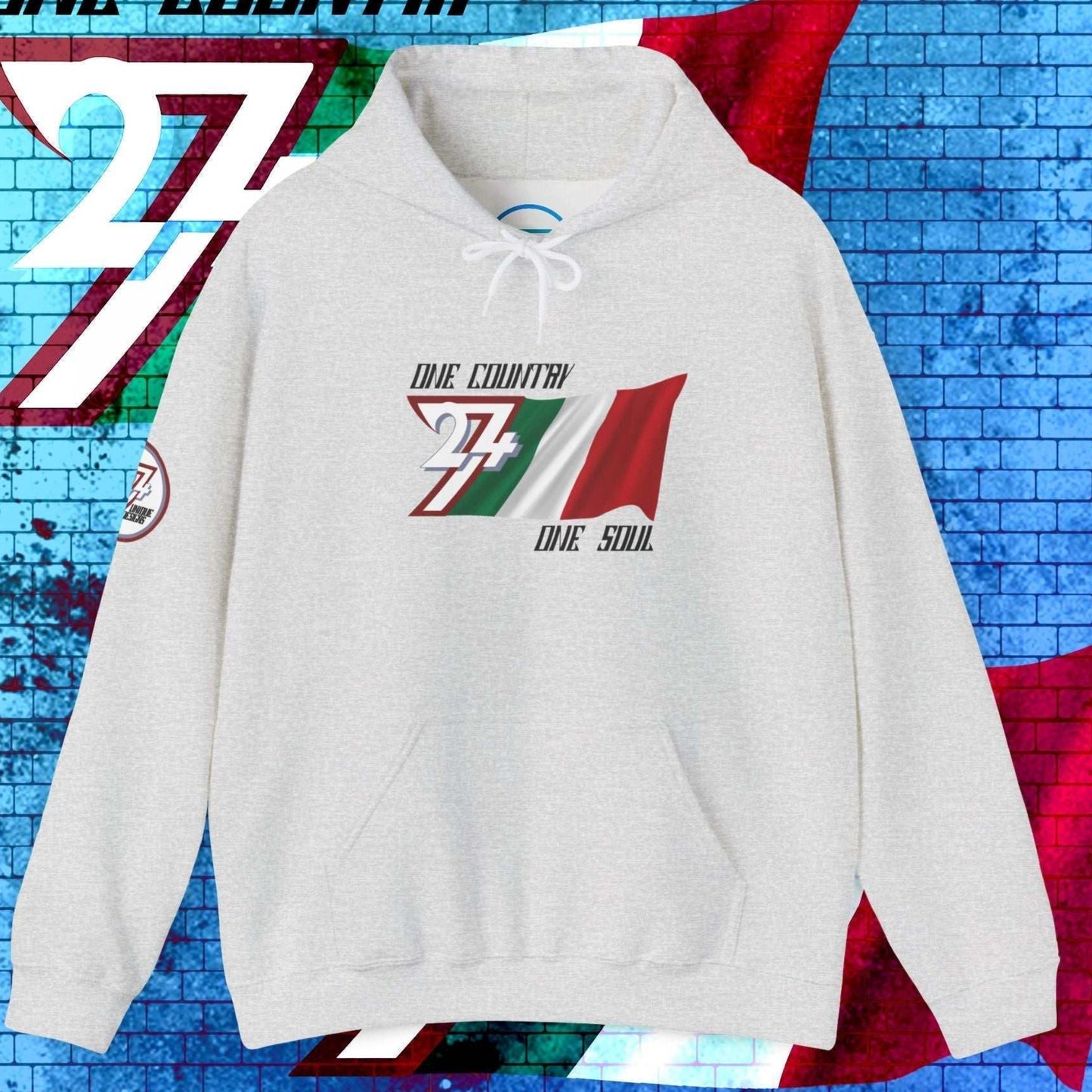 Front perspective of the 60/40 blend Light Heather Gray Italia flag hoodie with a refined finish.