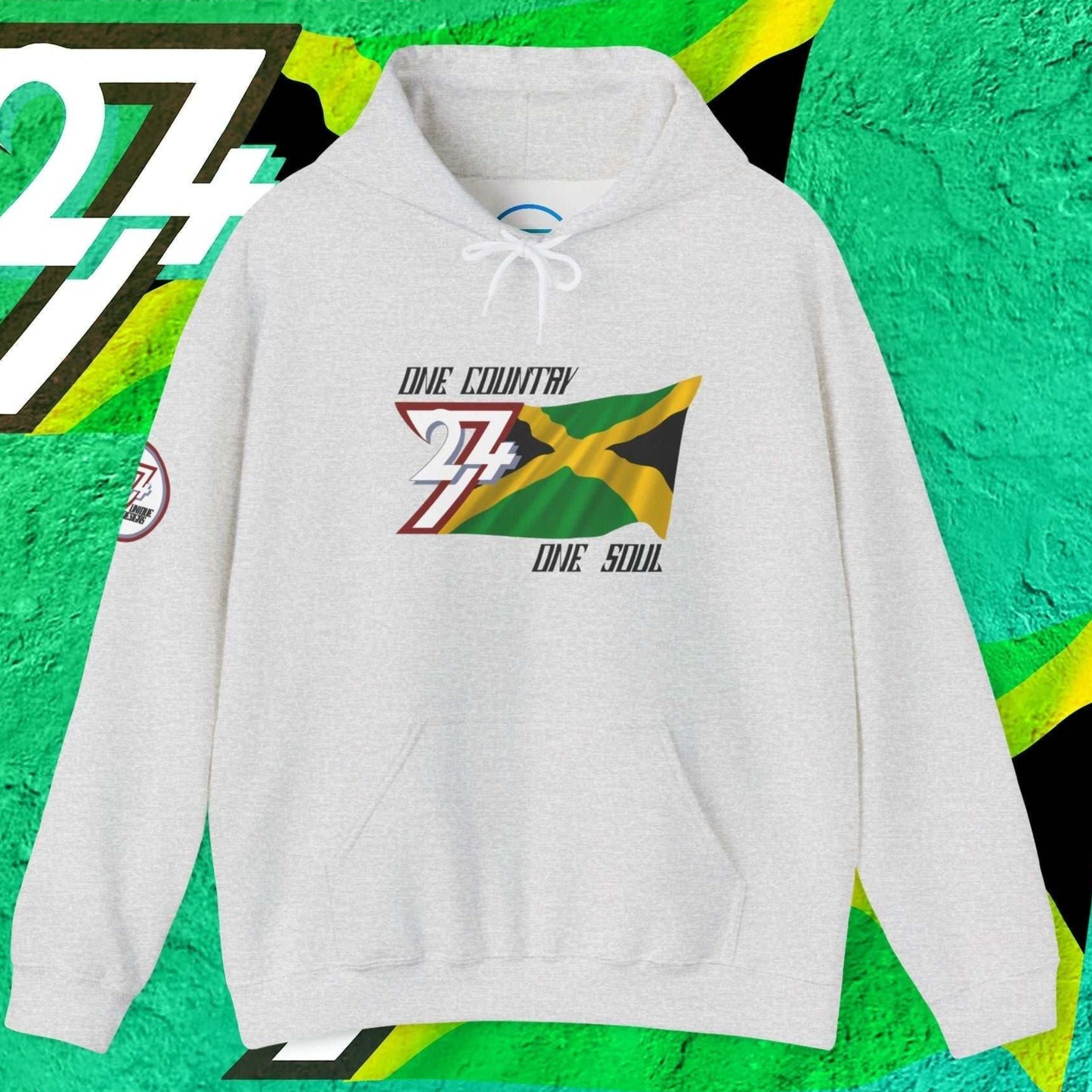 Front perspective of the 60/40 blend Light Heather Gray Jamaica flag hoodie with a refined finish.