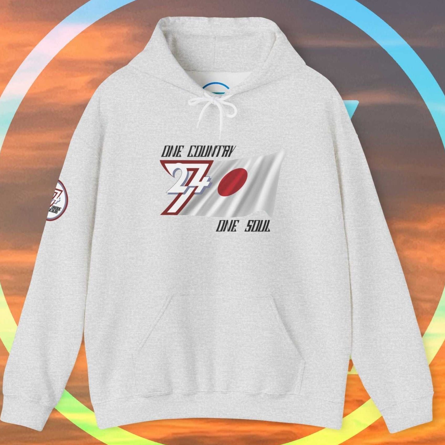 Front perspective of the 60/40 blend Light Heather Gray Nihon flag hoodie with a refined finish.