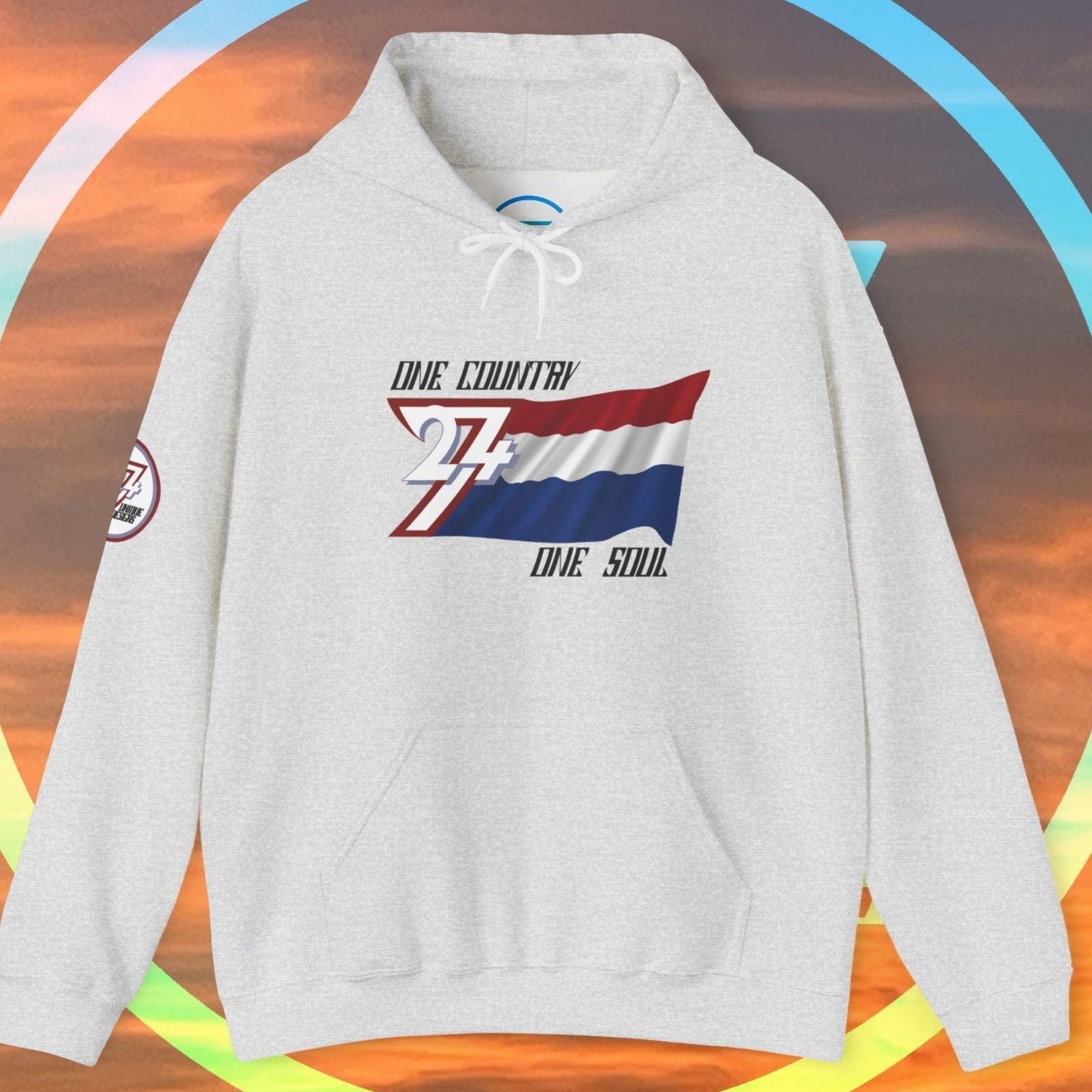 Front perspective of the 60/40 blend Light Heather Gray Nederland flag hoodie with a refined finish.