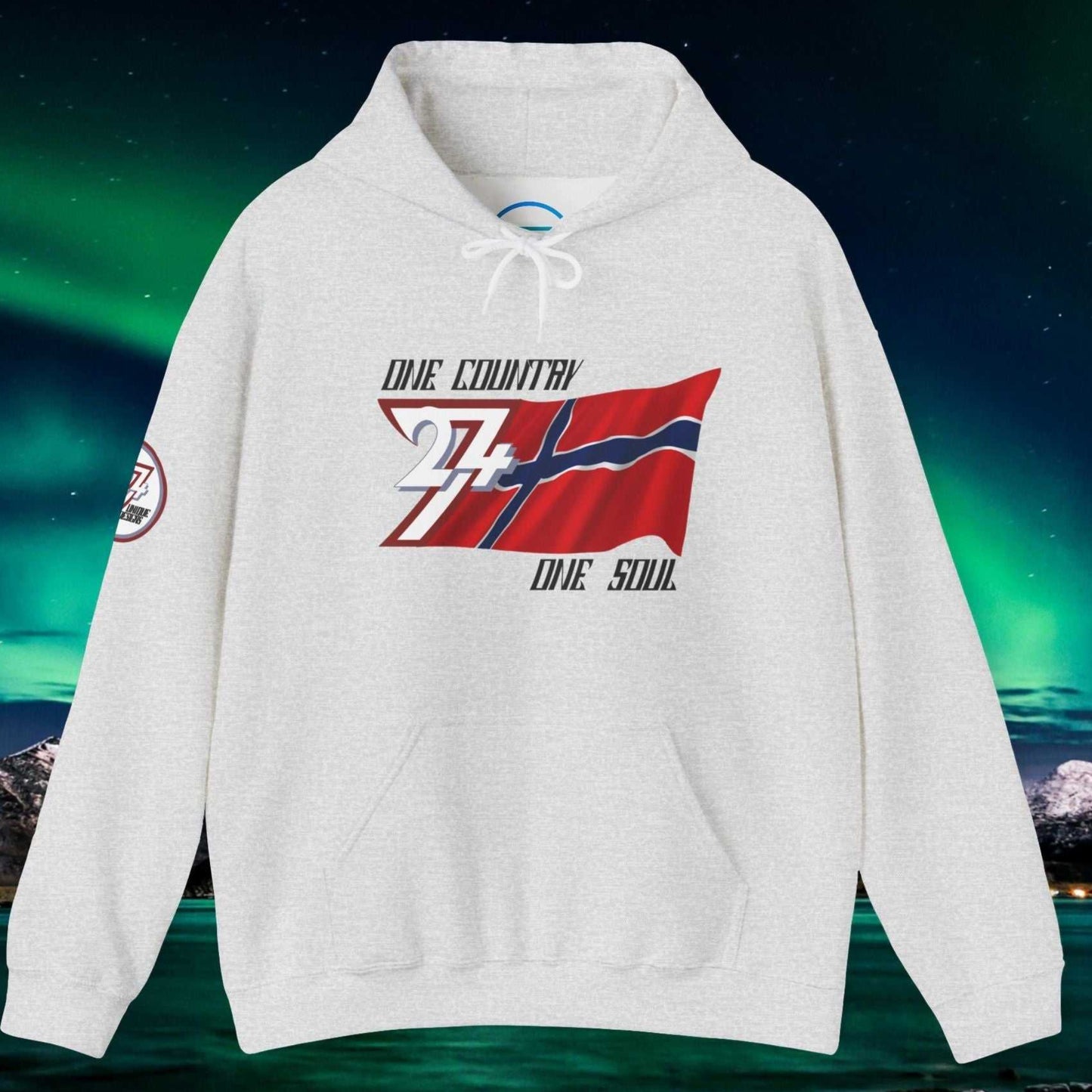 Front perspective of the 60/40 blend Light Heather Gray Norge flag hoodie with a refined finish.