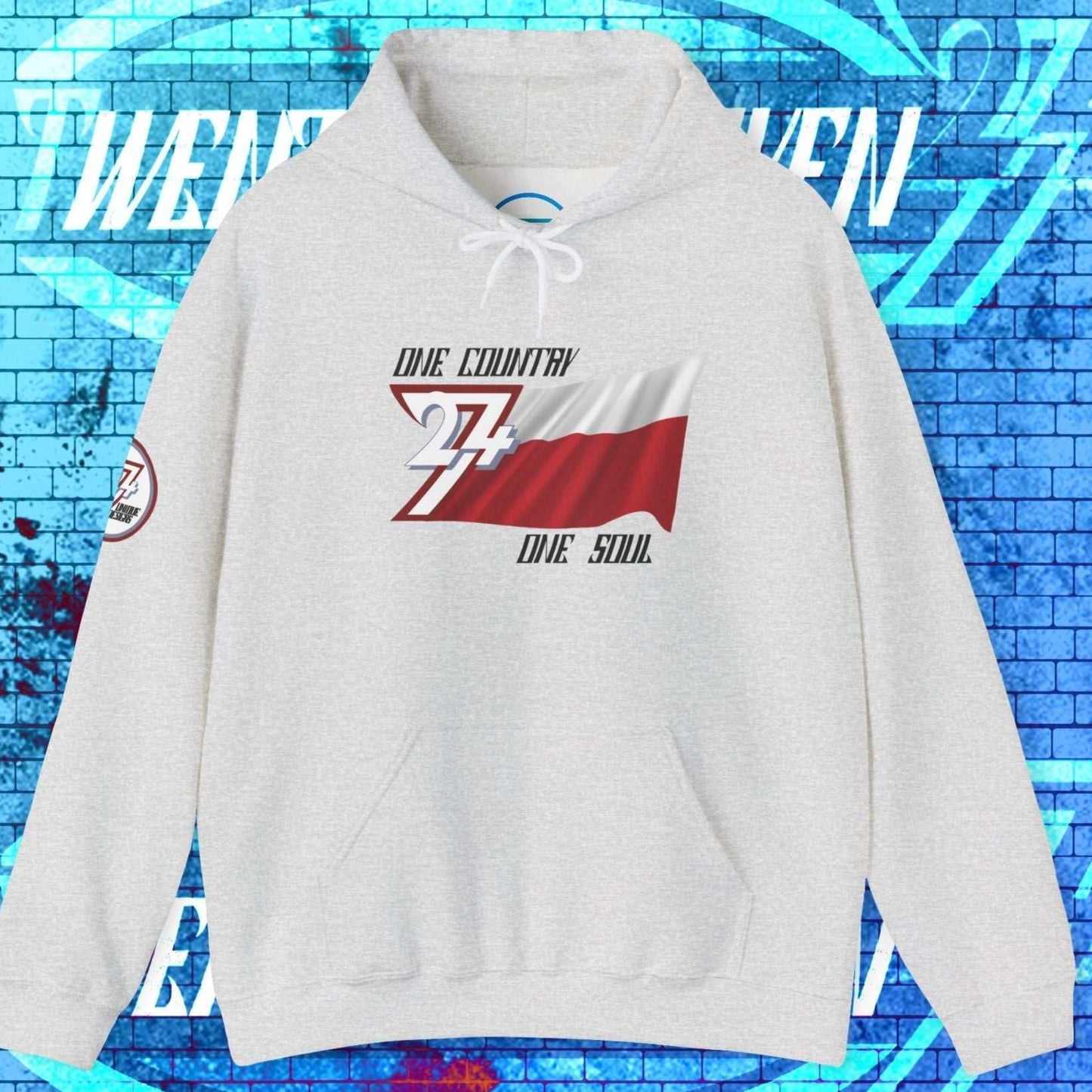 Front perspective of the 60/40 blend Light Heather Gray Polska flag hoodie with a refined finish.