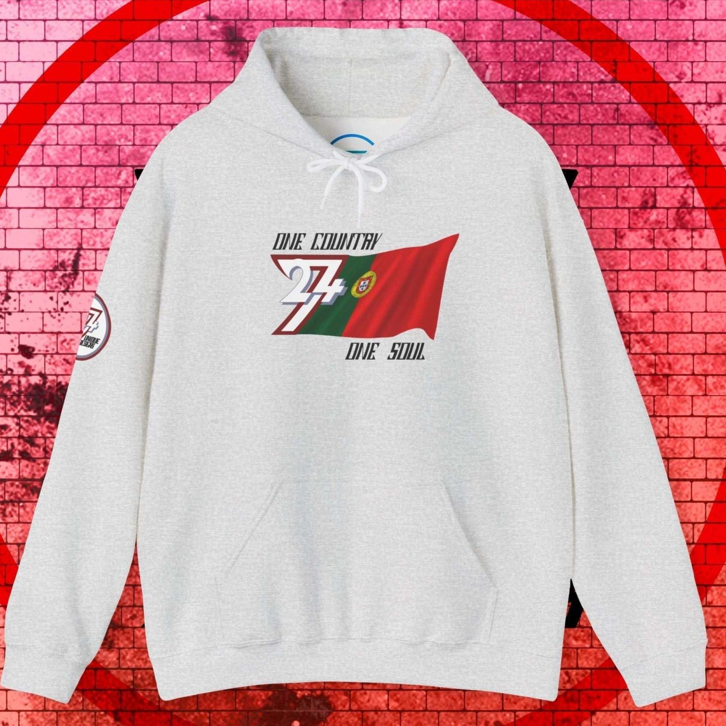 Front perspective of the 60/40 blend Light Heather Gray Portugal flag hoodie with a refined finish.