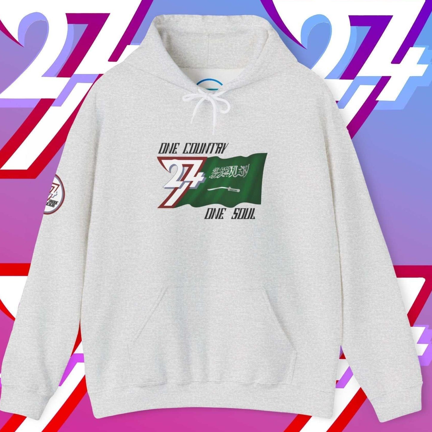 Front perspective of the 60/40 blend Light Heather Gray Al-Mamlakah flag hoodie with a refined finish.