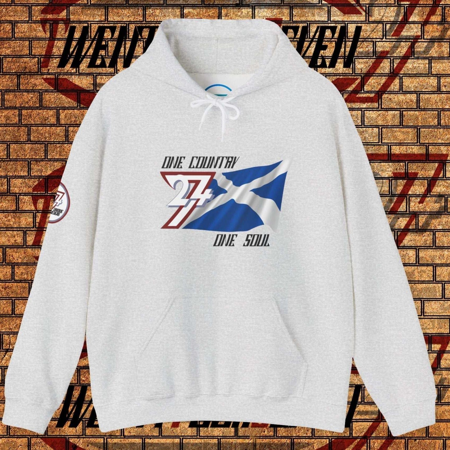 Front perspective of the 60/40 blend Light Heather Gray Alba flag hoodie with a refined finish.