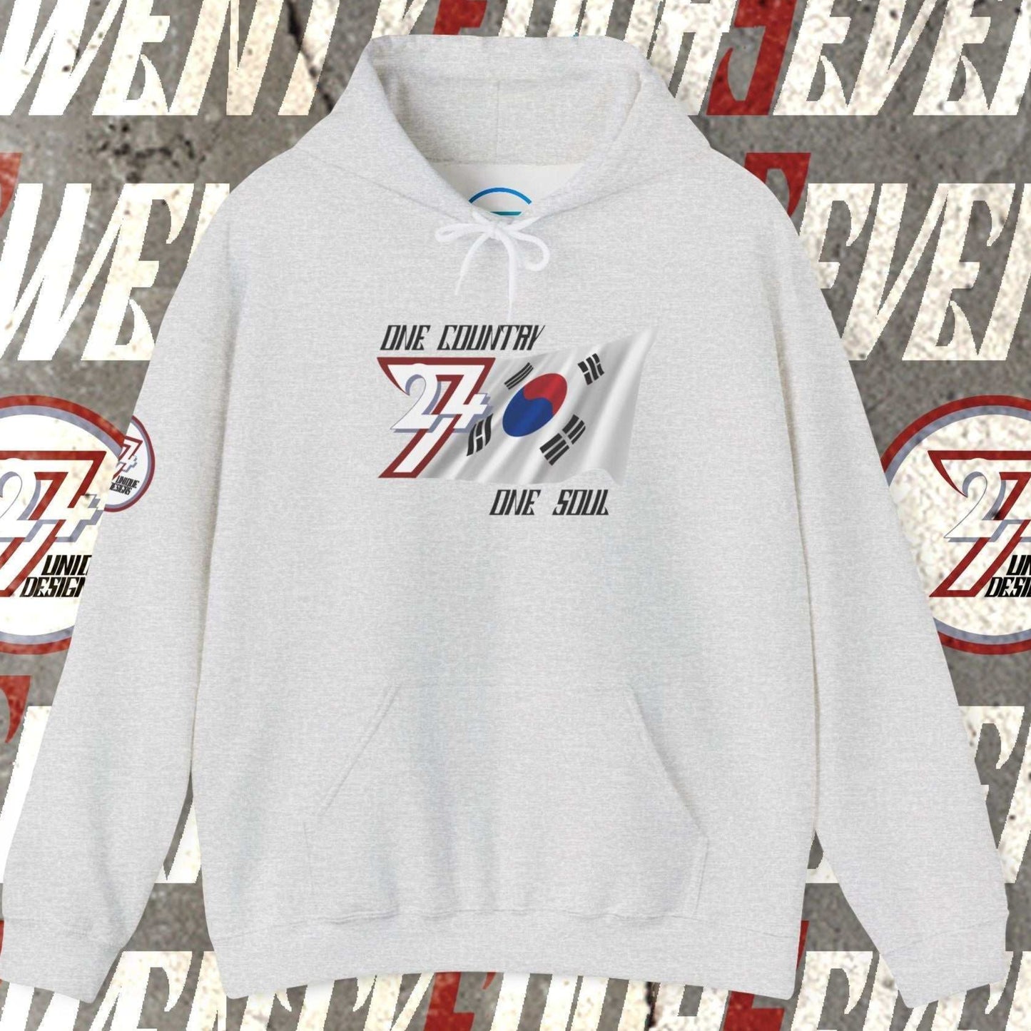 Front perspective of the 60/40 blend Light Heather Gray Daehan Minguk flag hoodie with a refined finish.