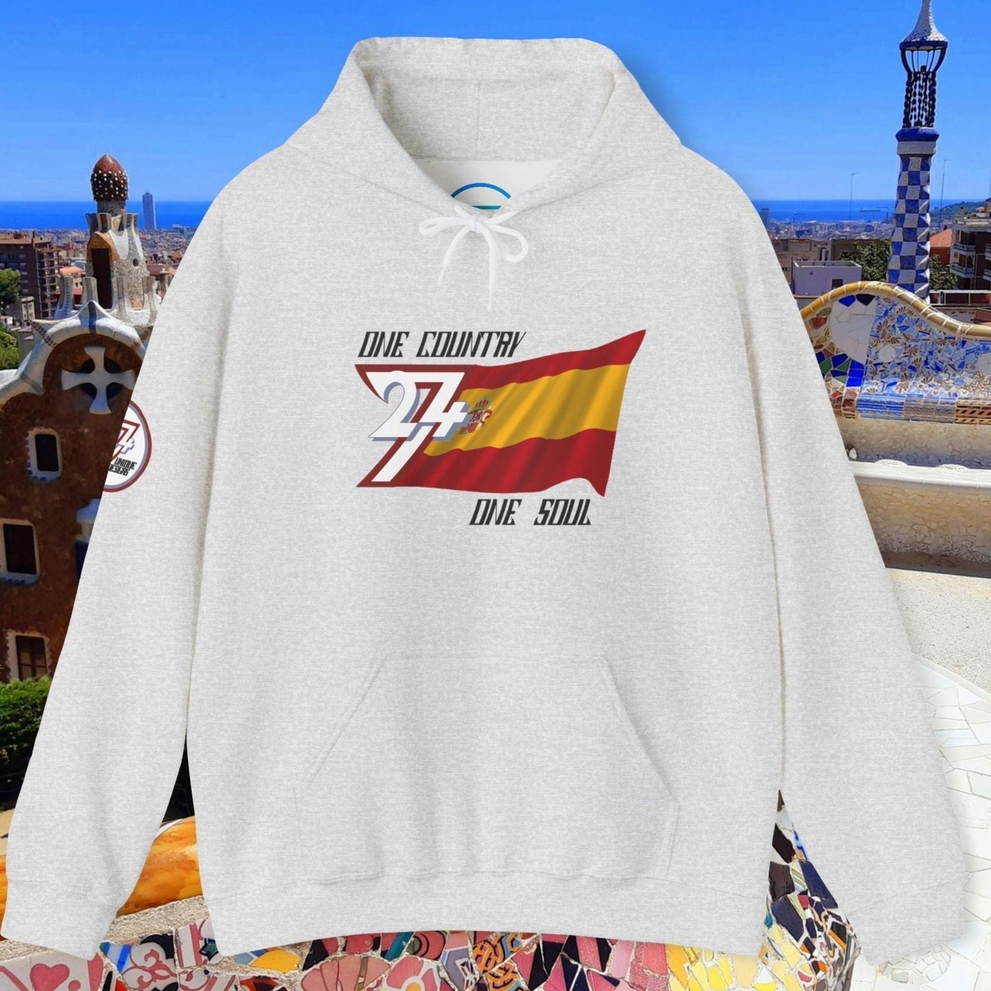 Front perspective of the 60/40 blend Light Heather Gray España flag hoodie with a refined finish.