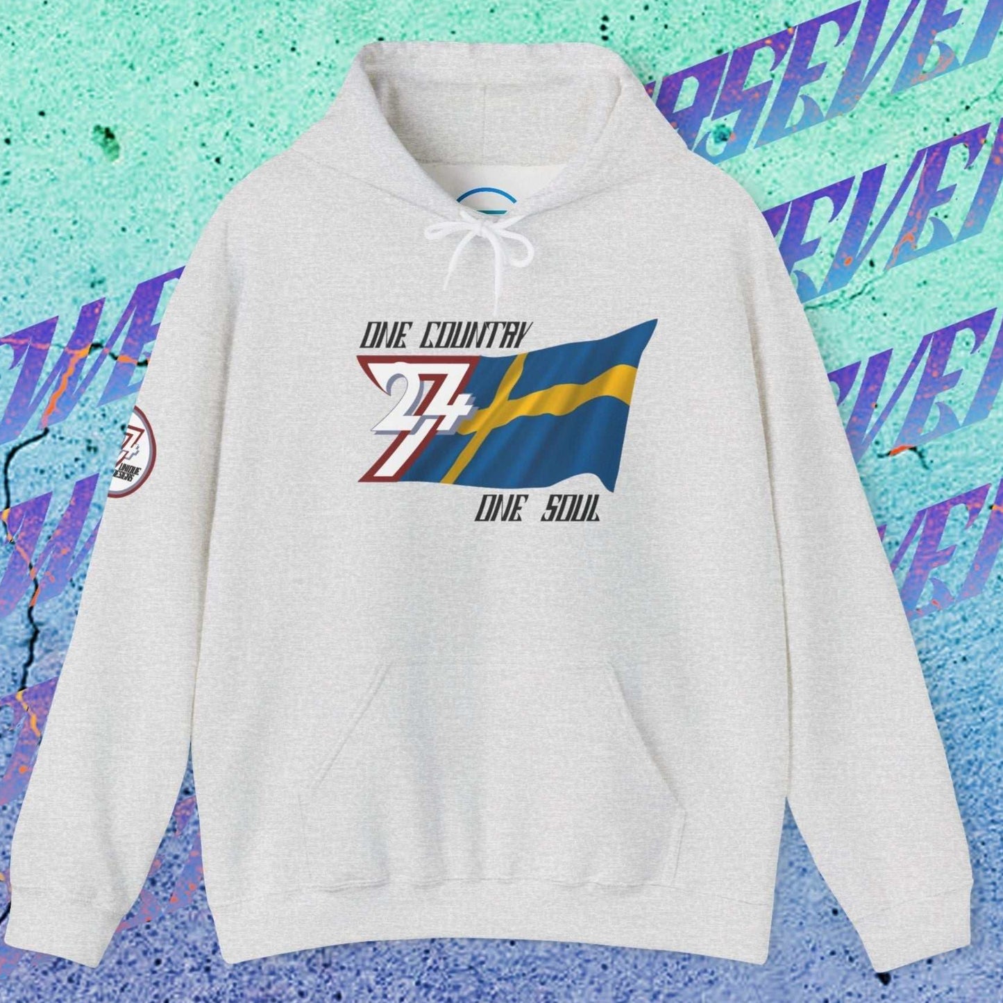 Front perspective of the 60/40 blend Light Heather Gray Sverige flag hoodie with a refined finish.