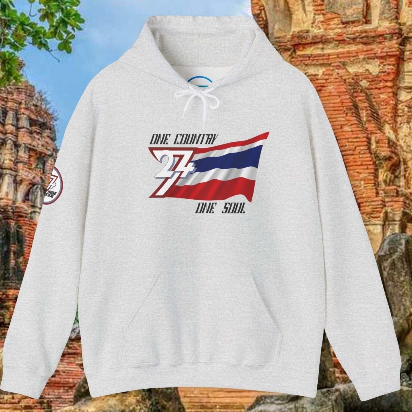Front perspective of the 60/40 blend Light Heather Gray Thailand flag hoodie with a refined finish.