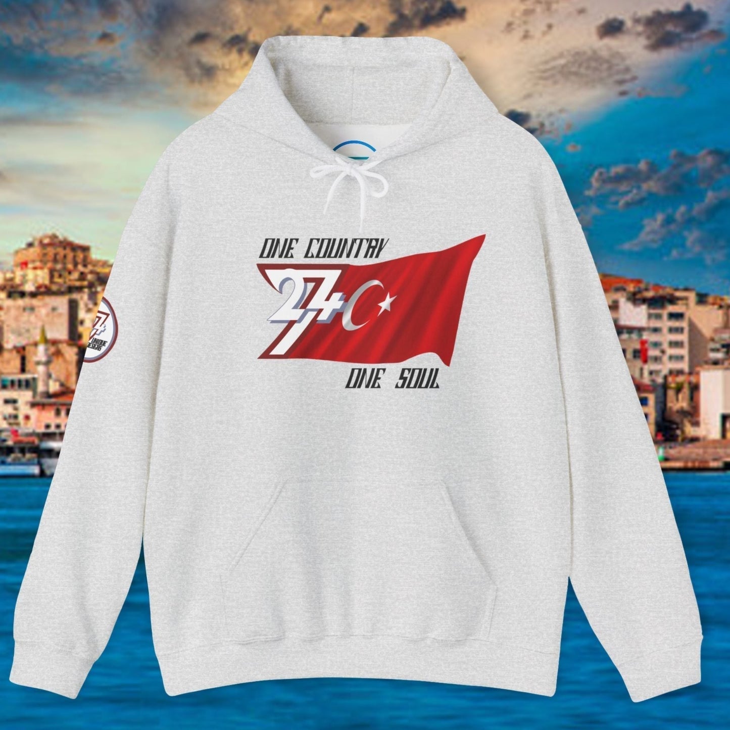 Front perspective of the 60/40 blend Light Heather Gray Türkiye flag hoodie with a refined finish.