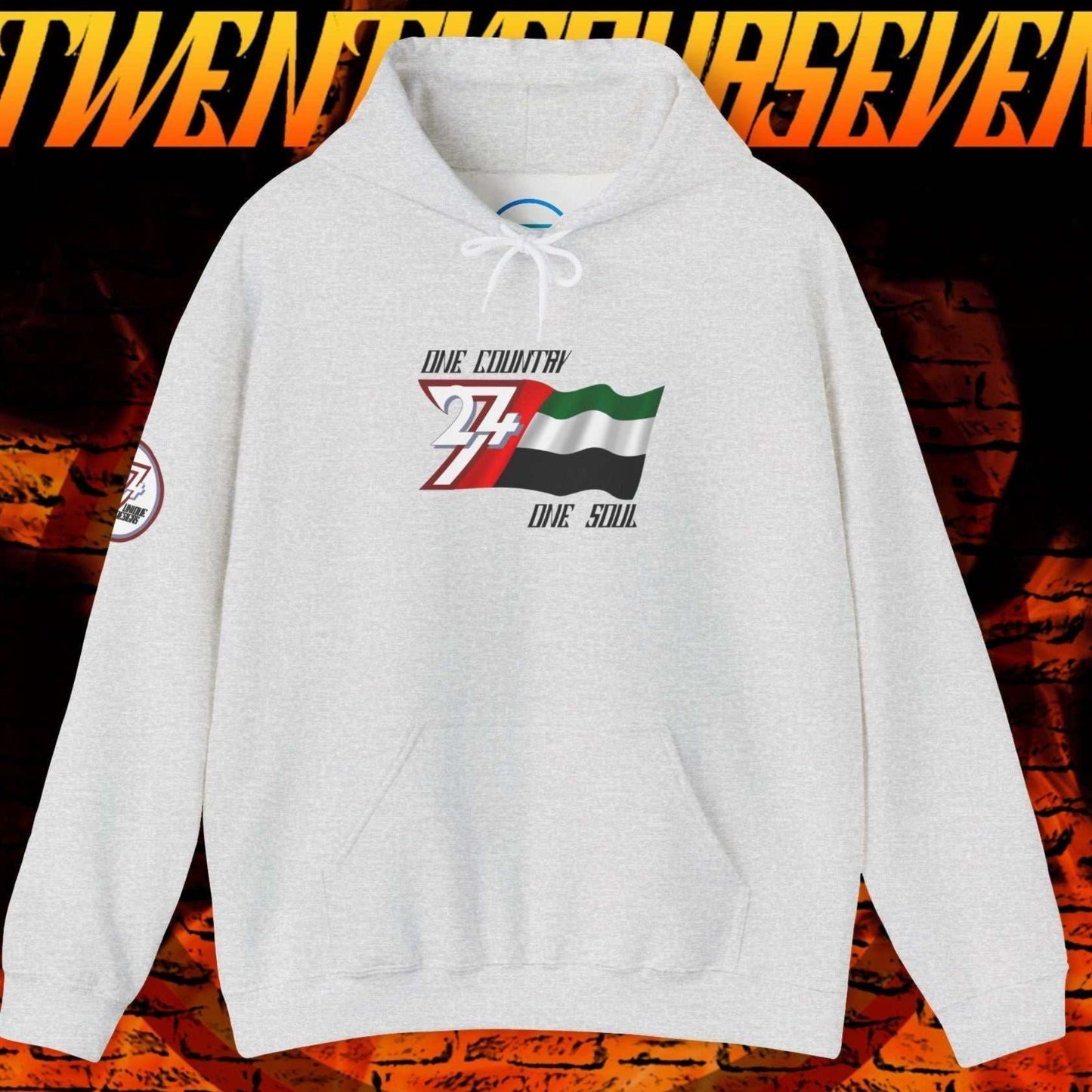 Front perspective of the Light Heather Gray UAE flag hoodie with a refined hand-drawn finish.