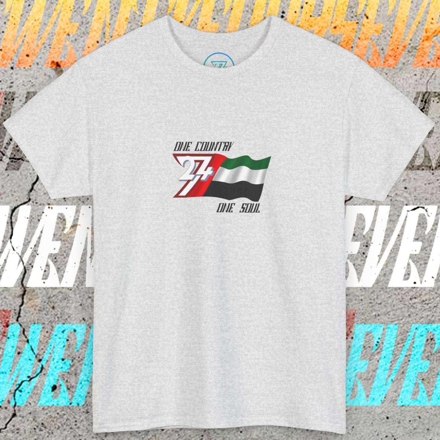 Main product shot of the Light Heather Gray UAE "Vision" edition tee with clean flag graphics.
