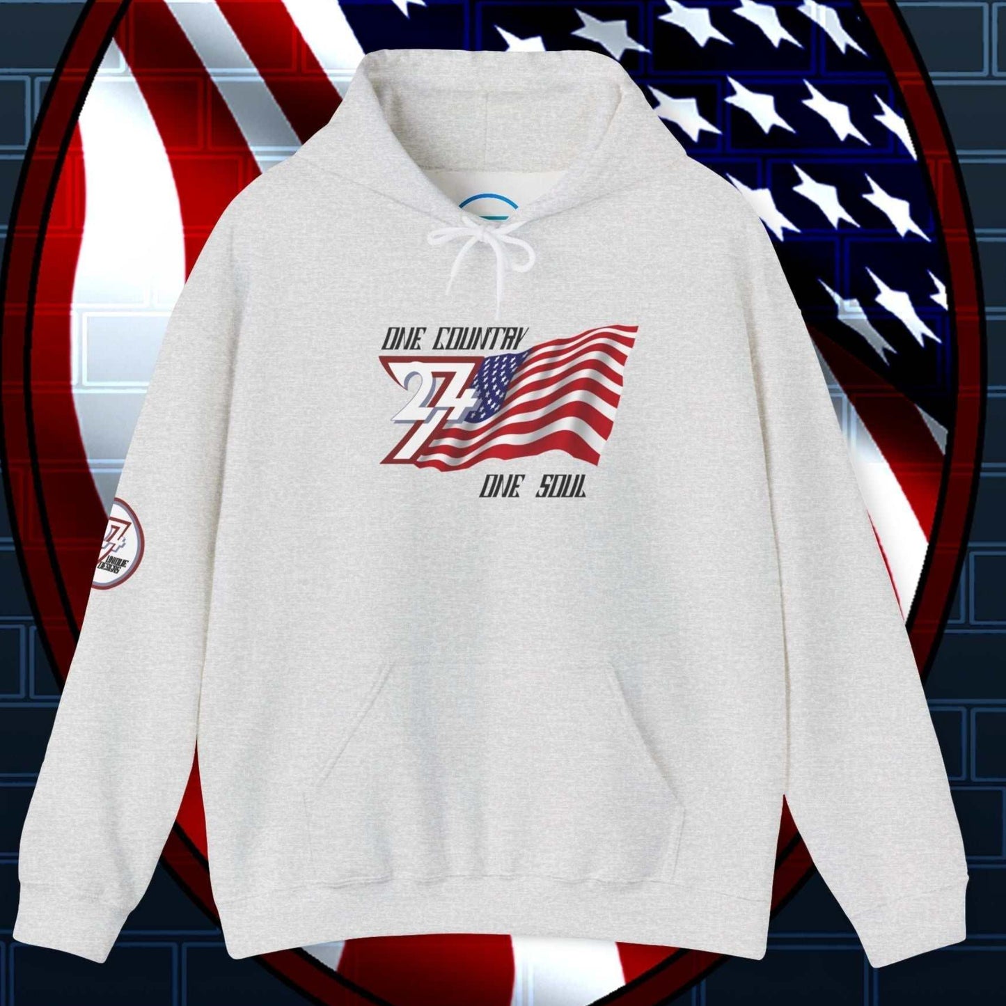 Front perspective of the 60/40 blend Light Heather Gray USA flag hoodie with a refined finish.