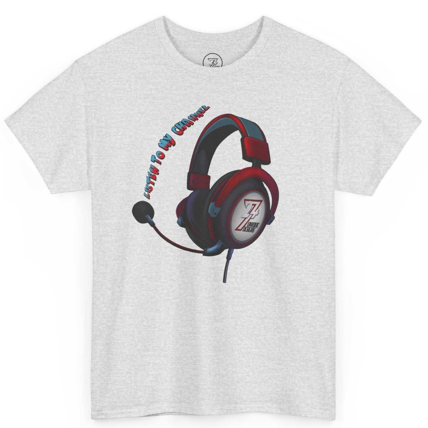 Light heather grey gamer headset streamer shirt showcasing the 3D 'Listen To My Channel' typography, laid flat.