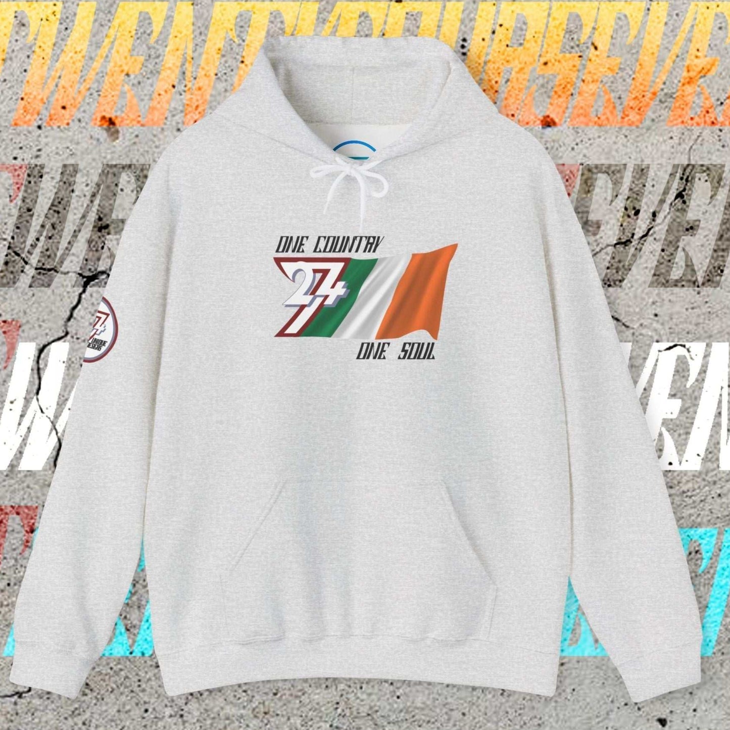 Front perspective of the 60/40 blend Light Heather Gray Éire flag hoodie with a refined finish.