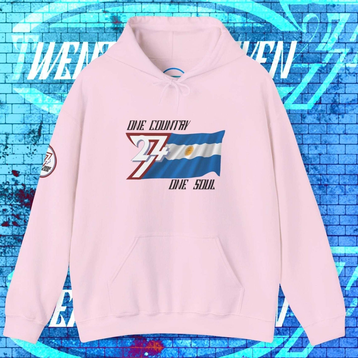 Light Pink heavyweight Argentina hoodie with sophisticated hand-drawn flag lines.