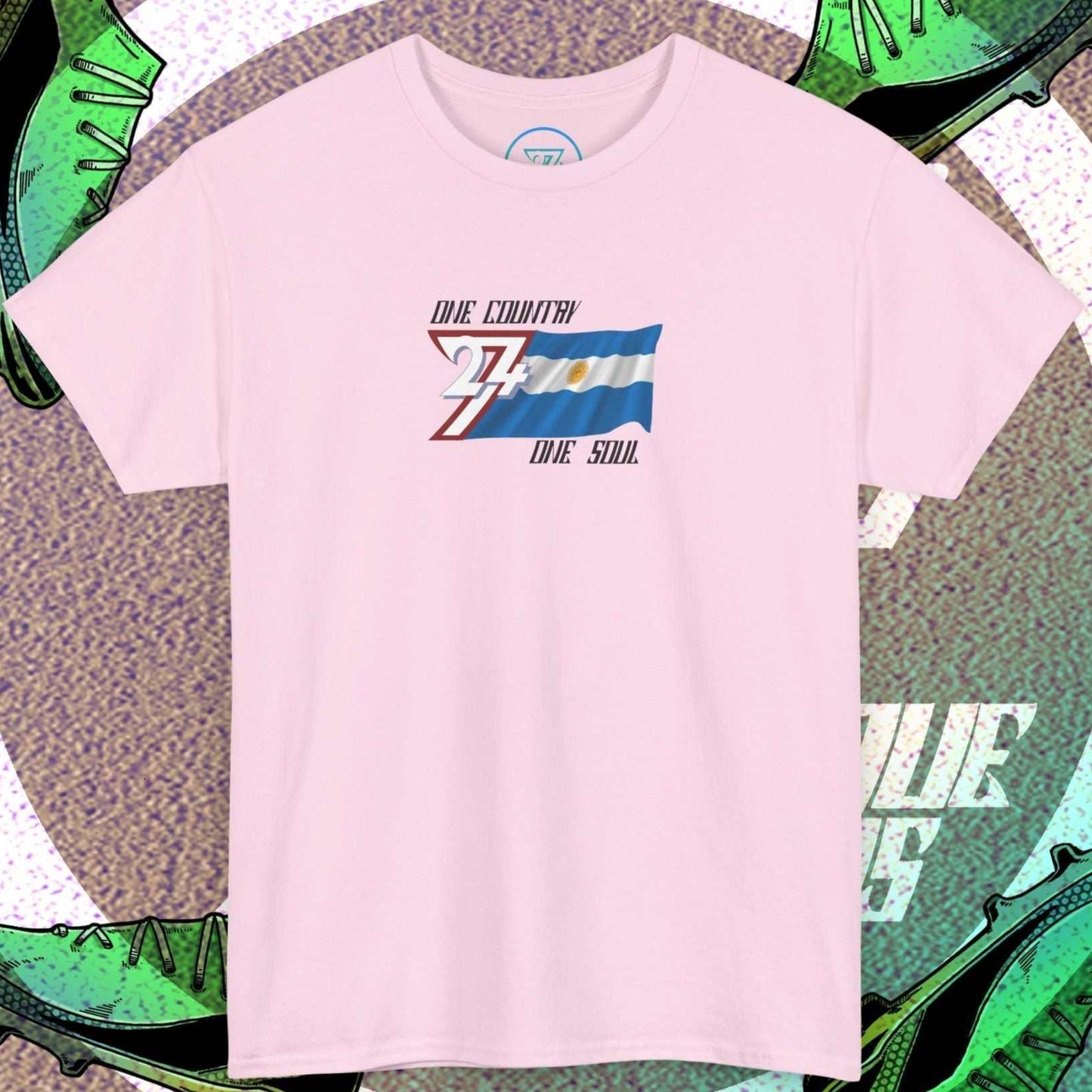 Artistic front shot of the Light Pink Argentina flag tee highlighting the clean hand-drawn lines.