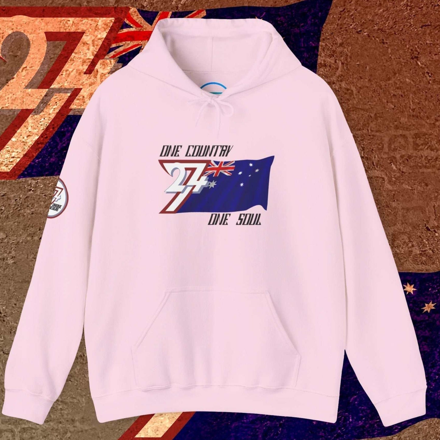 Light Pink heavyweight Australia hoodie with sophisticated hand-drawn flag lines.