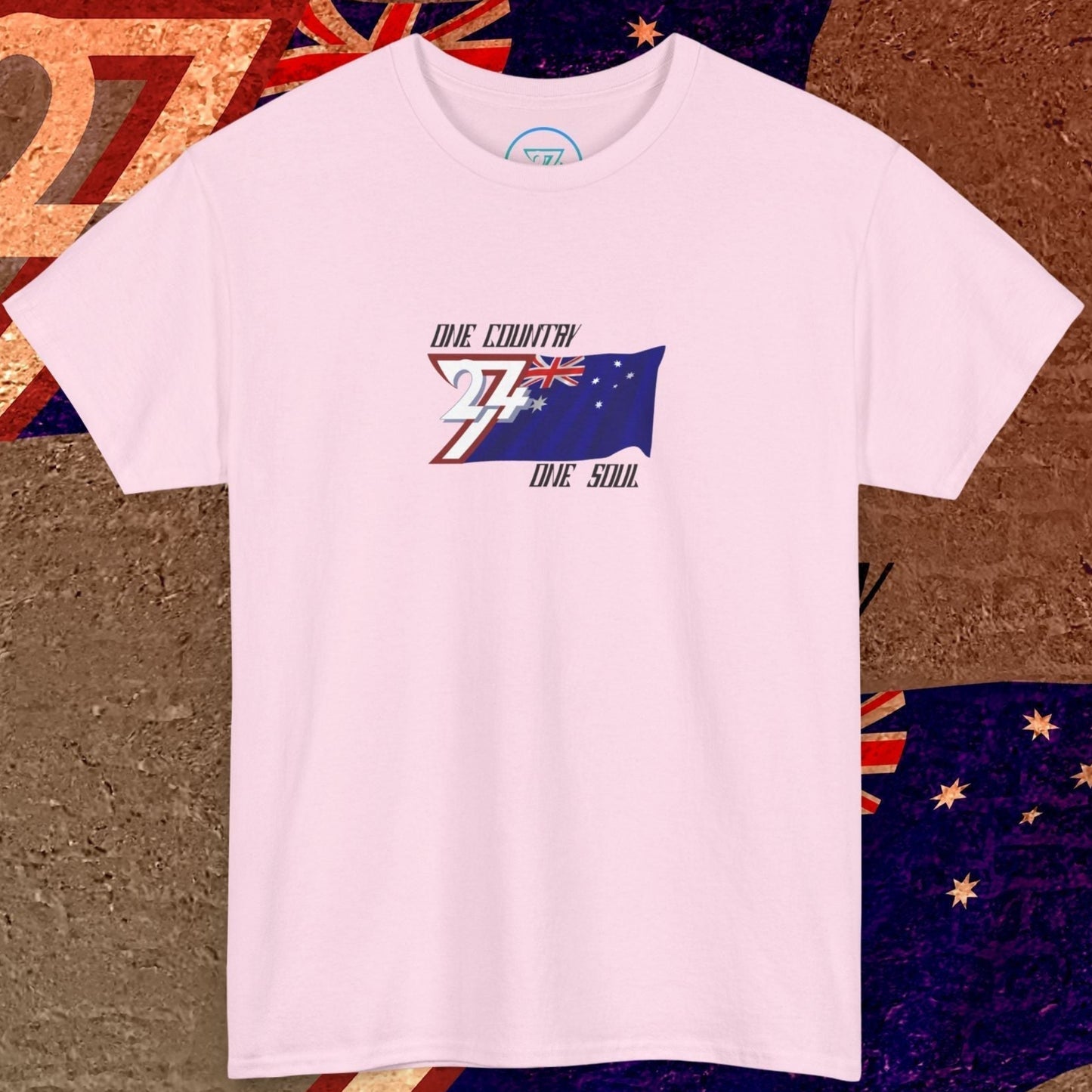 Artistic front shot of the Light Pink Australia flag tee highlighting the clean hand-drawn lines.