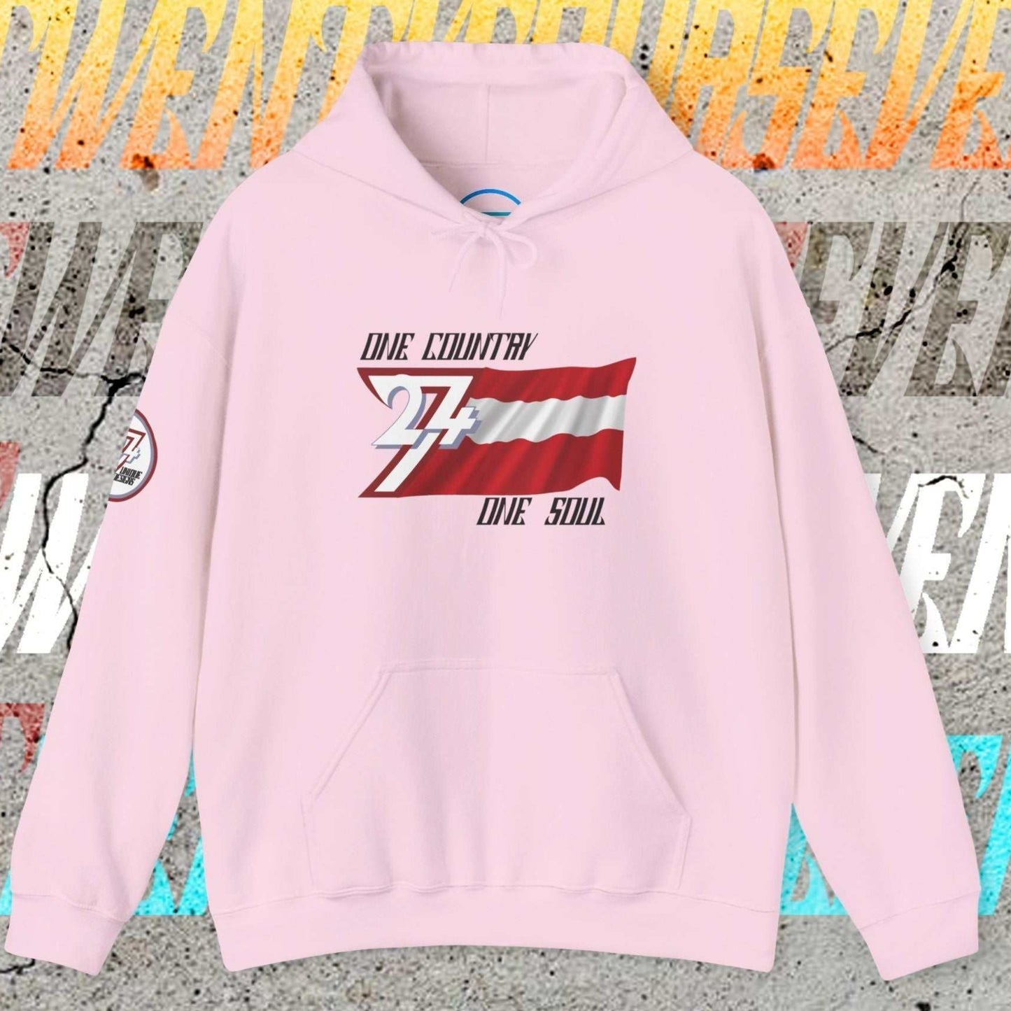 Light Pink heavyweight Austria hoodie with sophisticated hand-drawn flag lines.