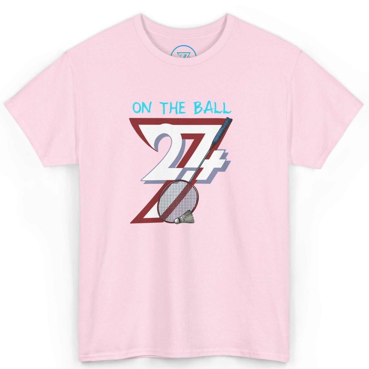 Front view of a light pink badminton player gift tee showcasing the detailed DTG artwork, displayed on a clean background.