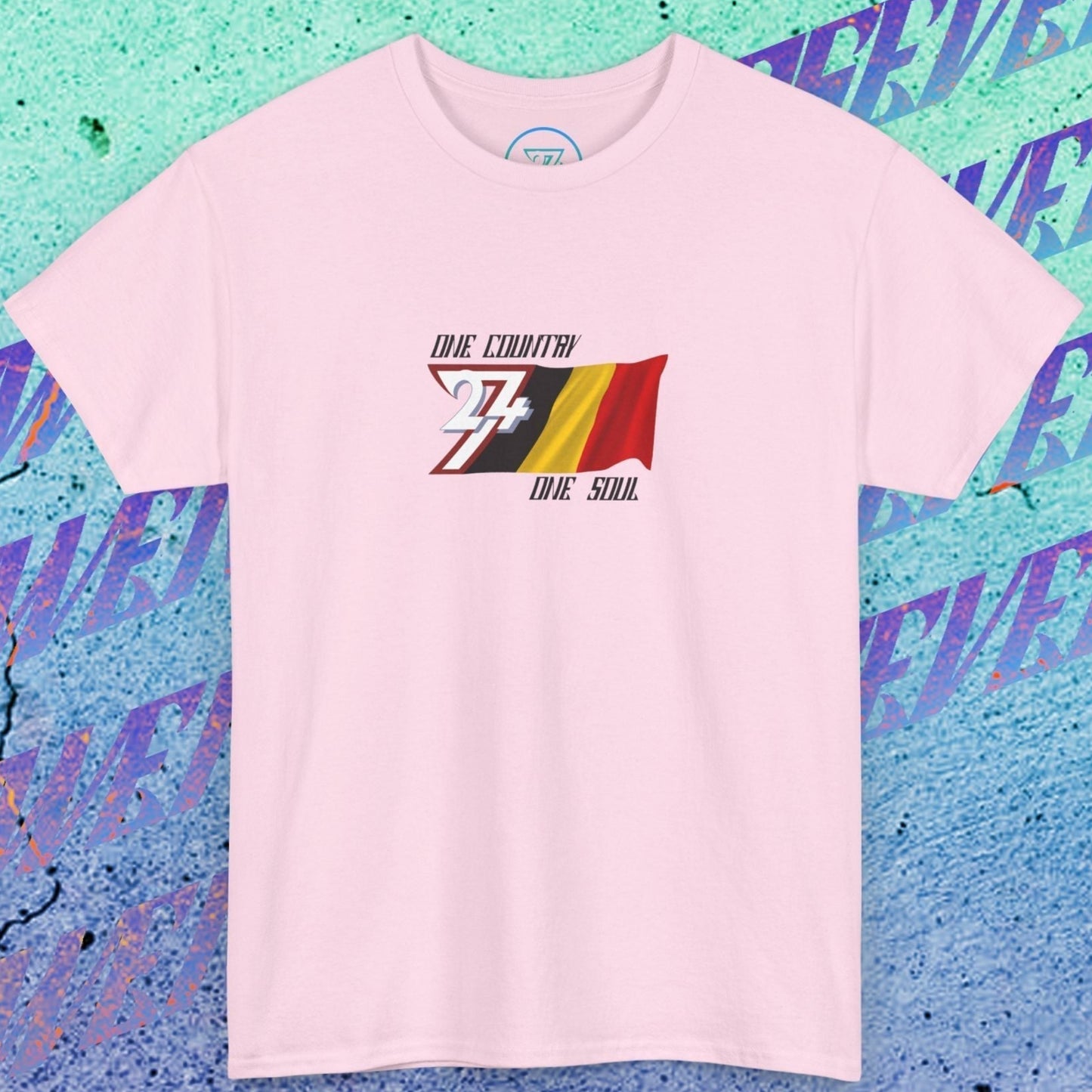 Artistic front shot of the Light Pink Belgium flag tee highlighting the clean hand-drawn lines.