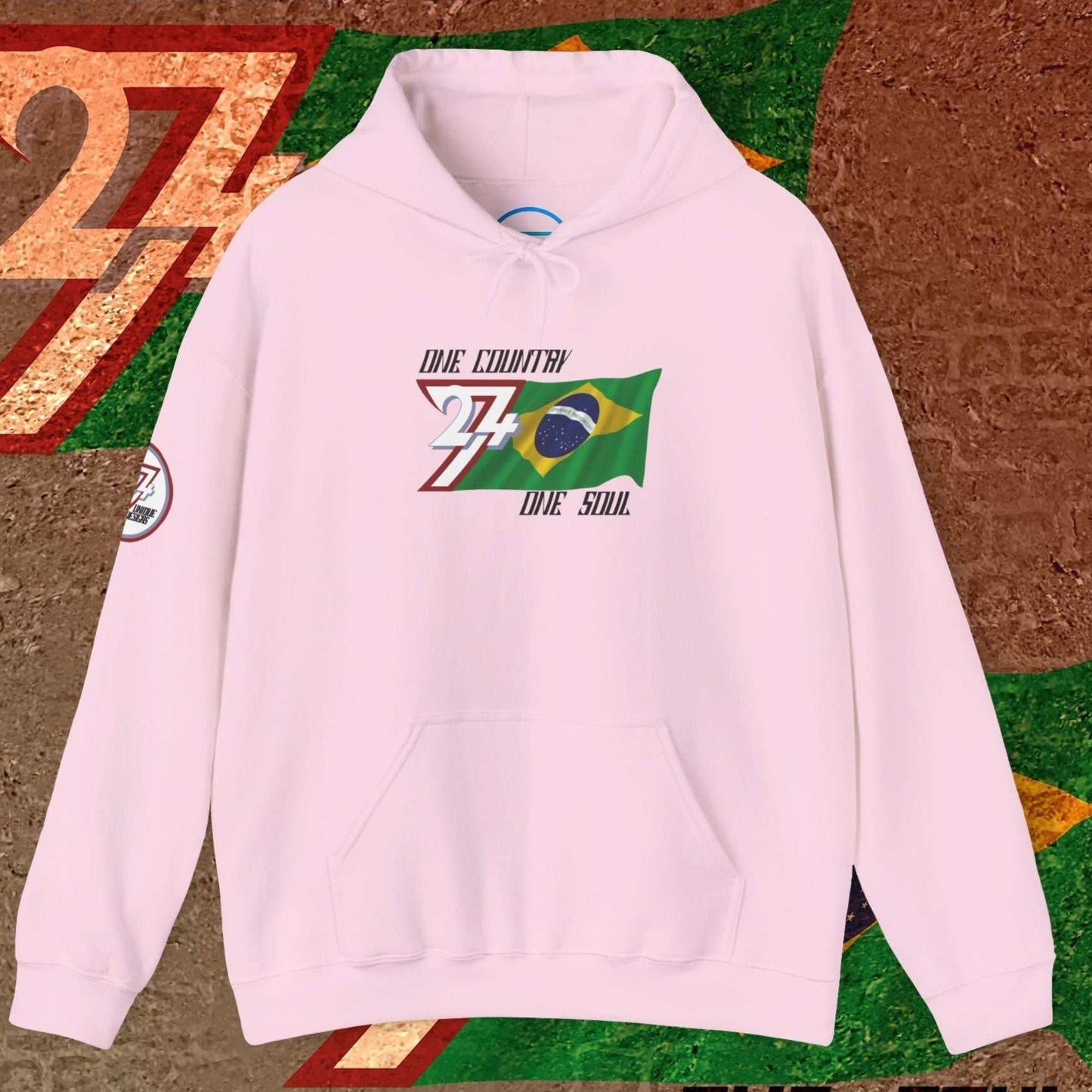 Front view of the Light Pink Brazil "Soul" edition hoodie highlighting the clean hand-drawn lines.