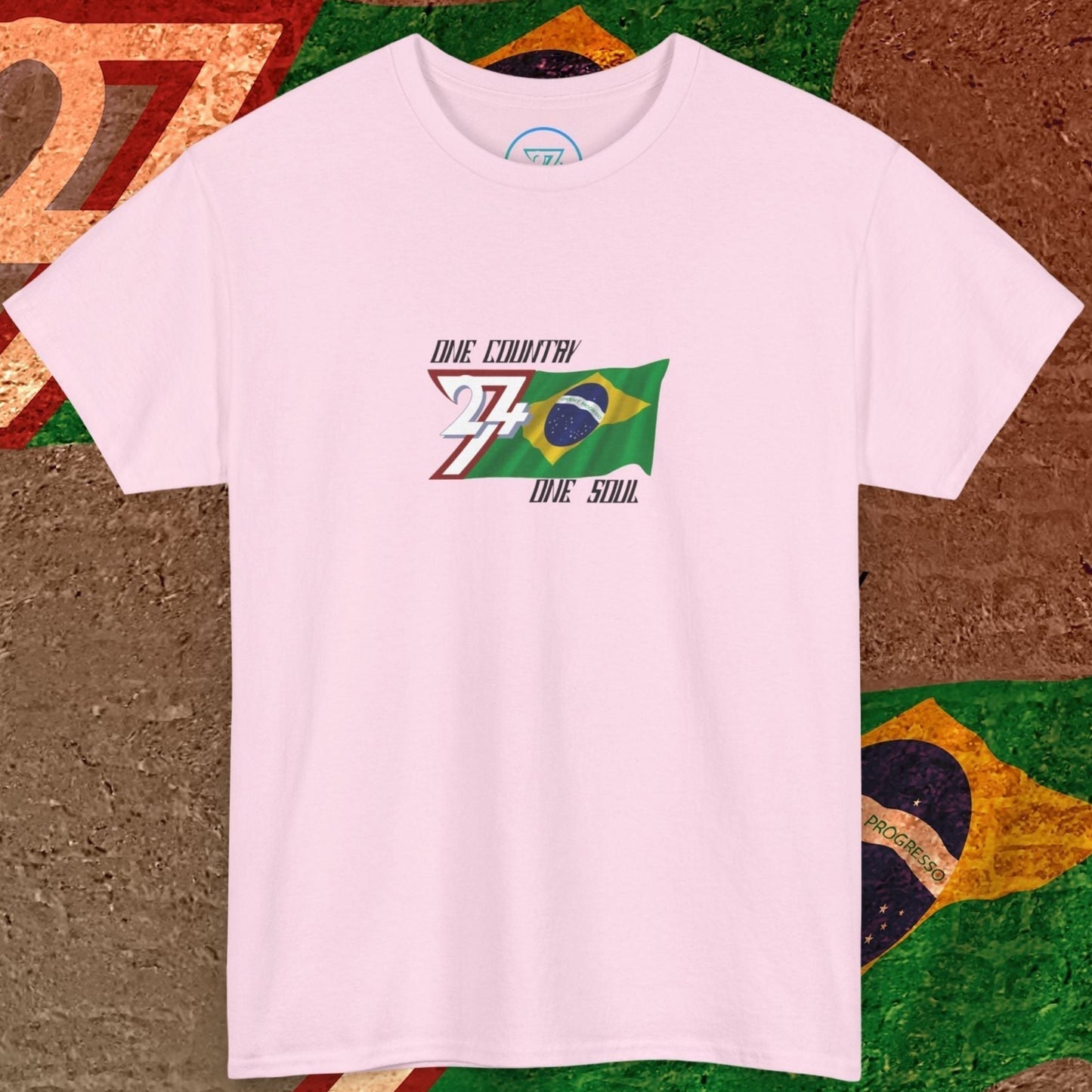 Artistic front shot of the Light Pink Brazil flag tee highlighting the clean hand-drawn lines.