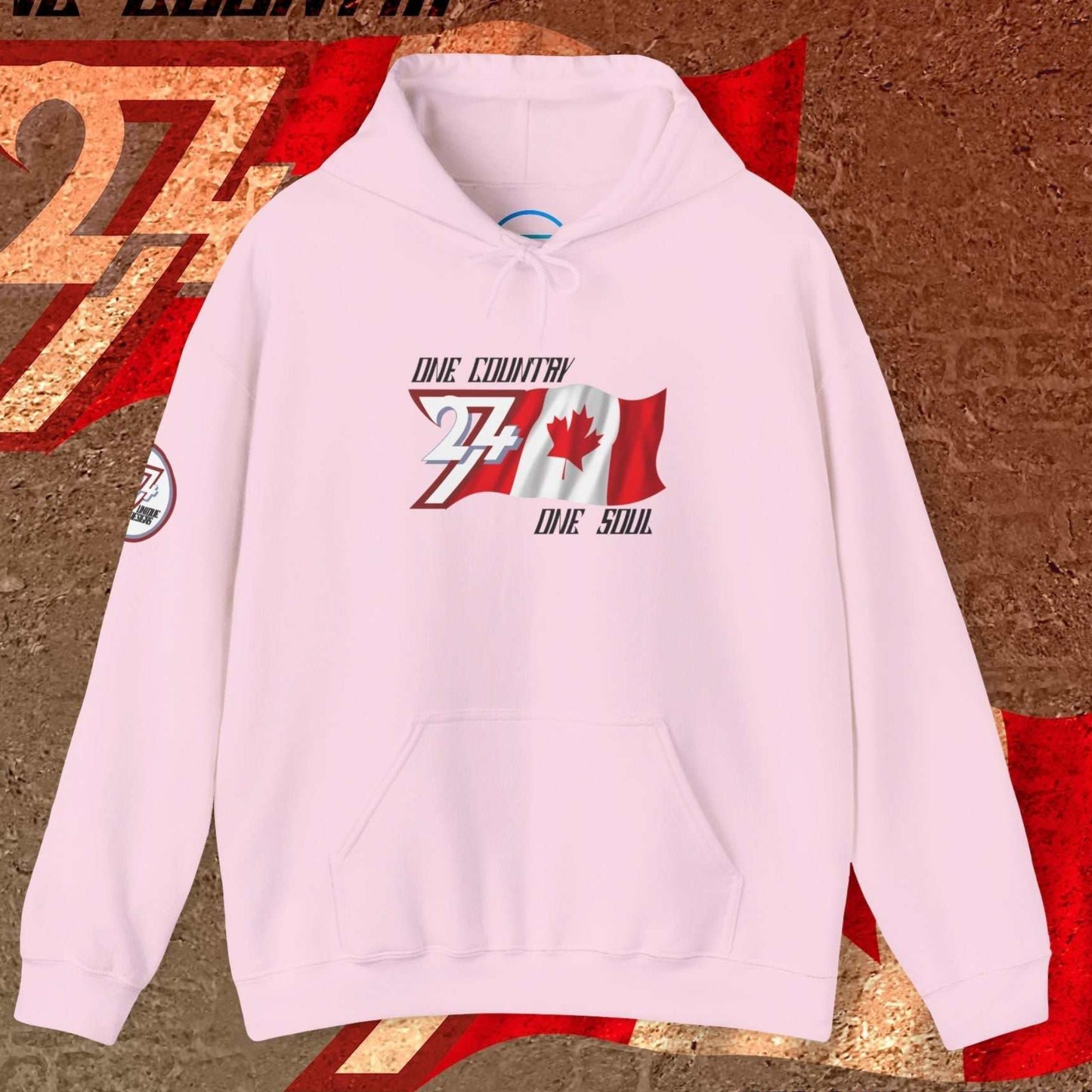 Light Pink heavyweight Canada hoodie with sophisticated hand-drawn flag lines.