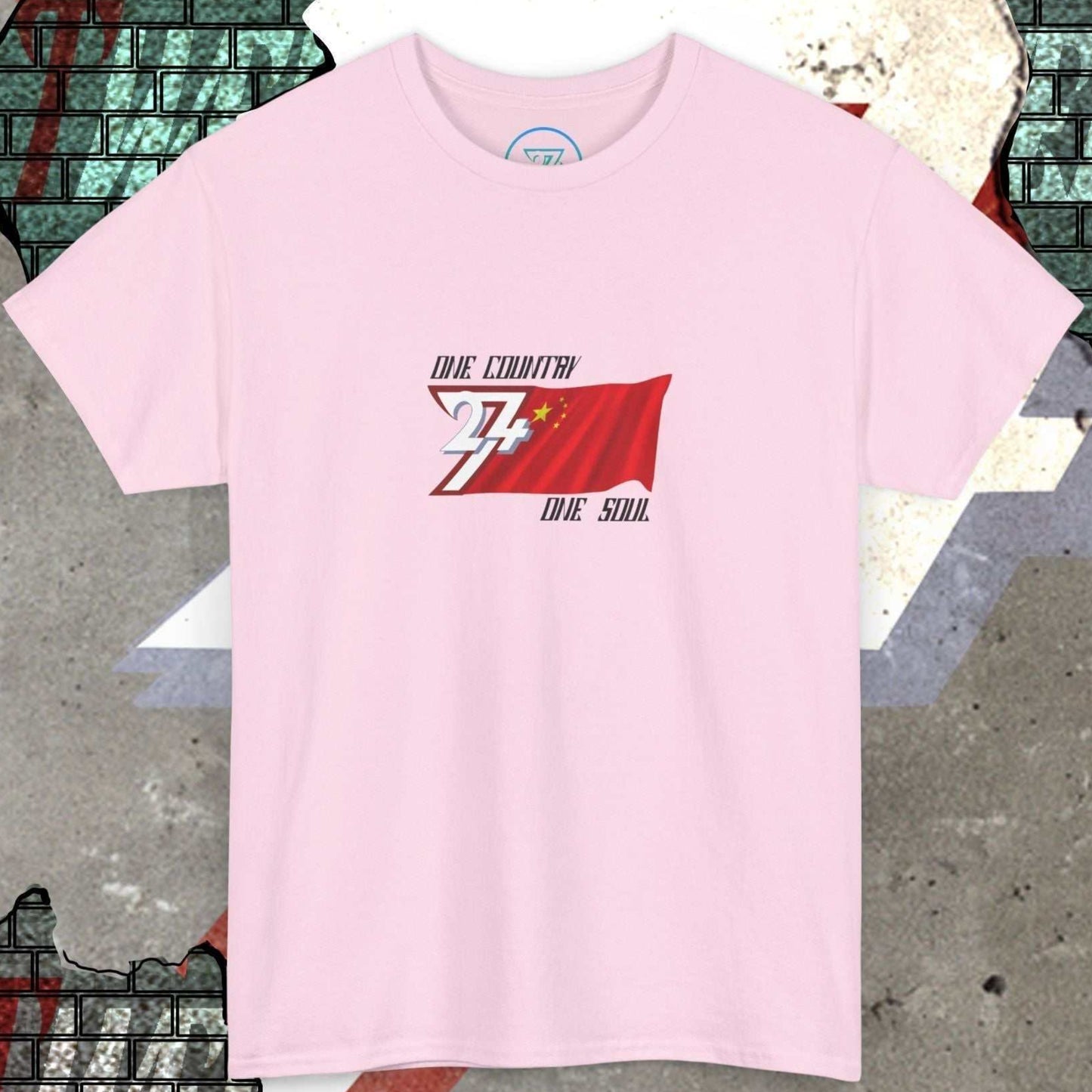Artistic front shot of the Light Pink China flag tee highlighting the clean hand-drawn lines.