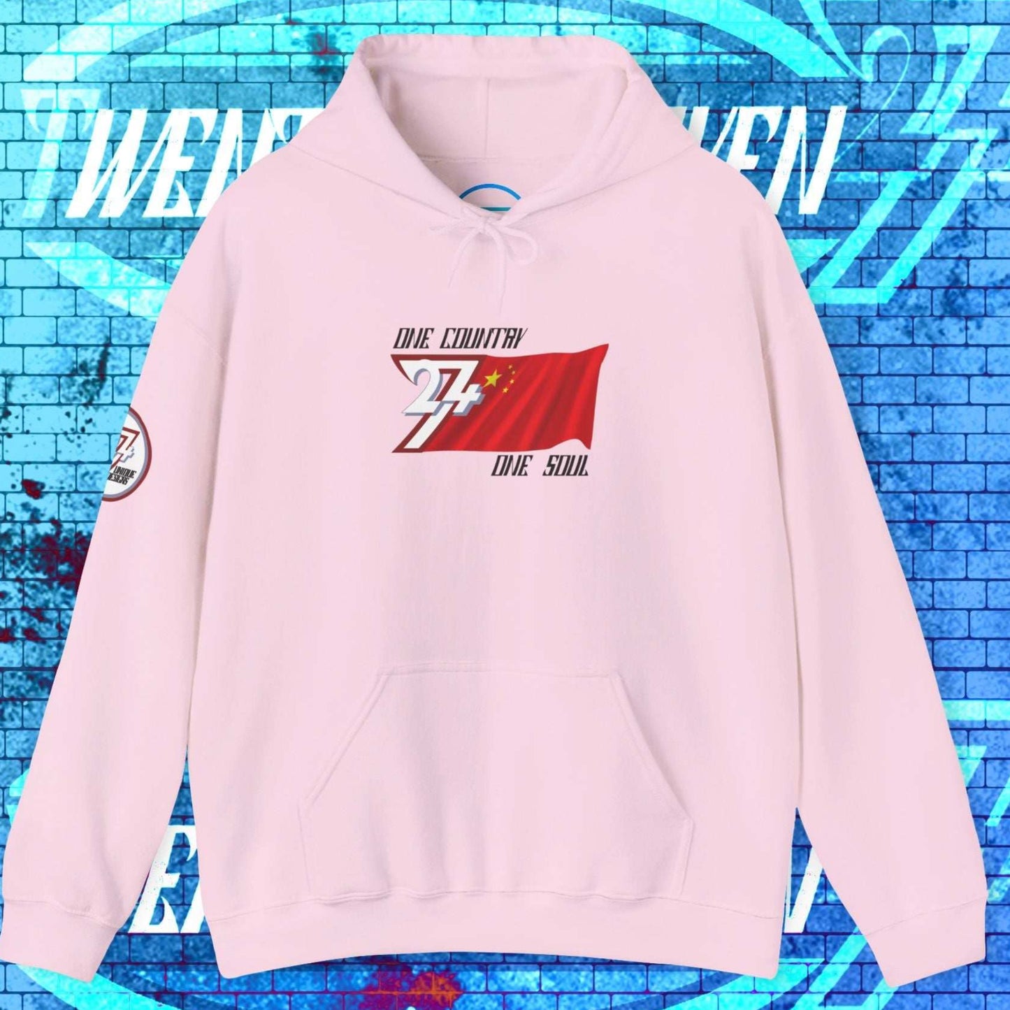 Front view of the Light Pink China "Empire" edition hoodie highlighting the clean hand-drawn lines.