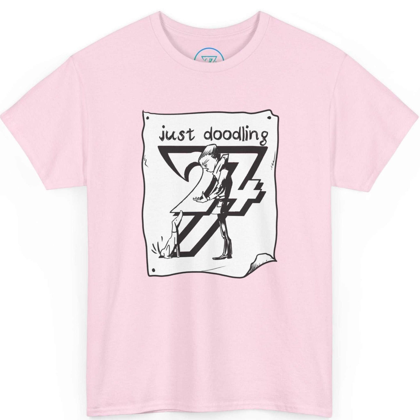 Soft light pink comic line art pet apparel displaying the playful notebook doodle design, shown on a clean background.