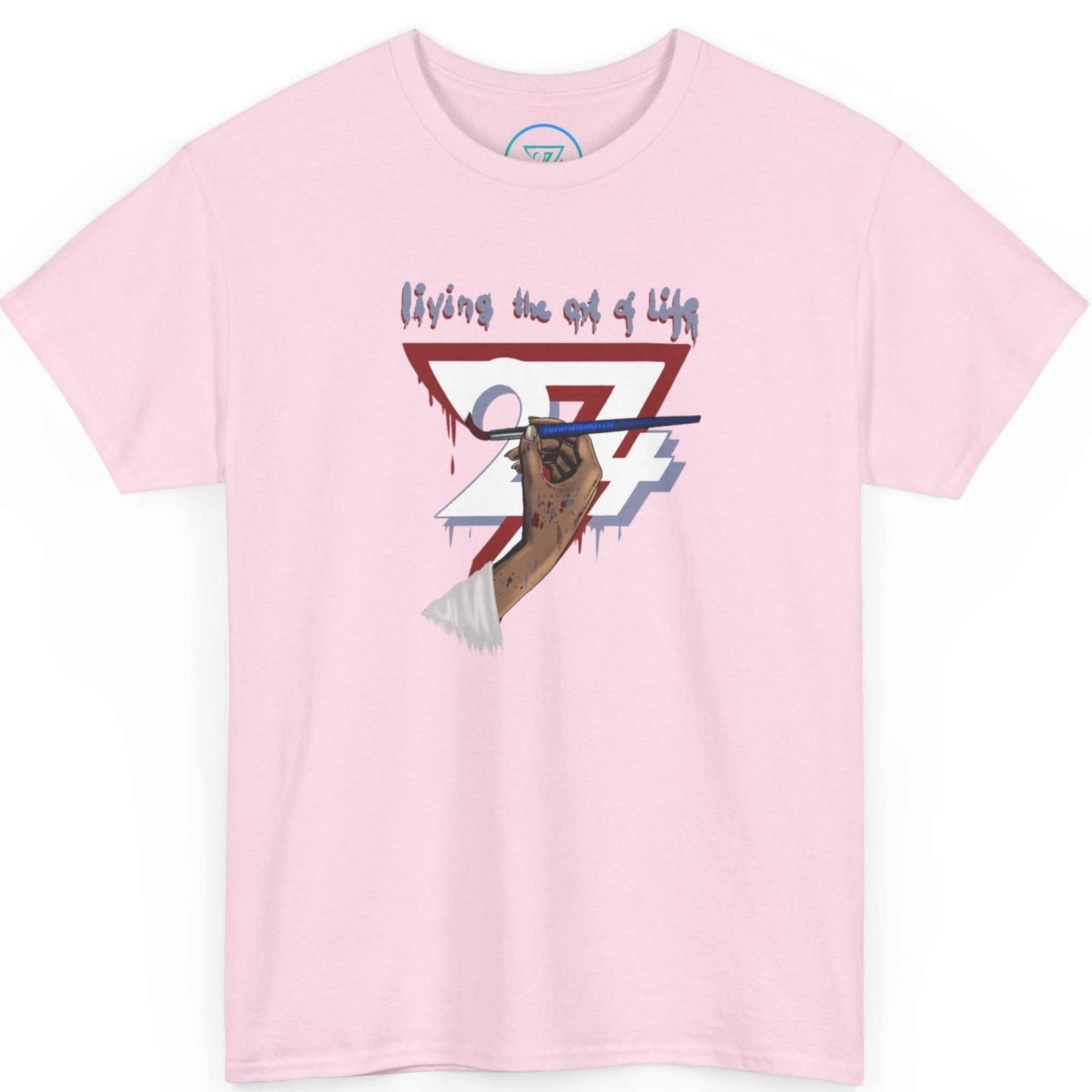 Soft light pink creative streetwear for women featuring the hand and paintbrush illustration, shown on a clean background.