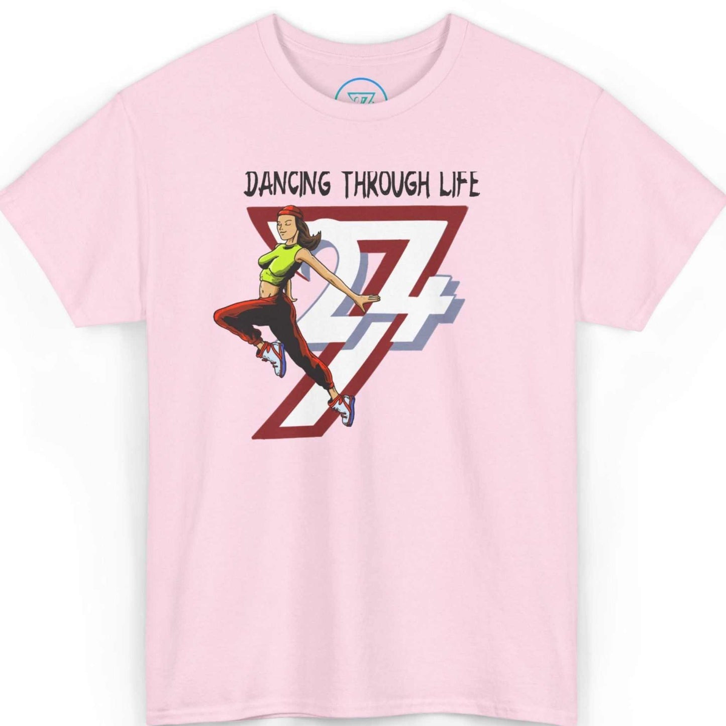 Front view of a light pink Dancing Through Life tee featuring the groovy female dancer graphic, laid flat.